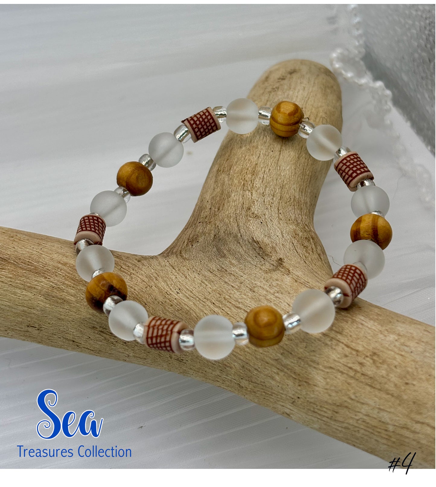 Beaded bracelet with natural wood piece, 'Sea Treasures Collection' branding.