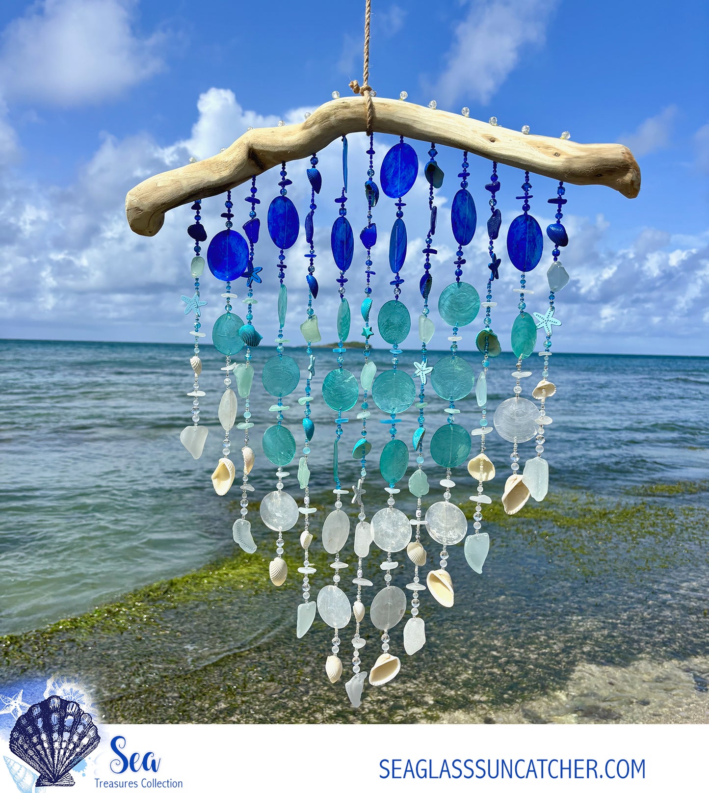Seaglass and shell wind chime with ocean view
