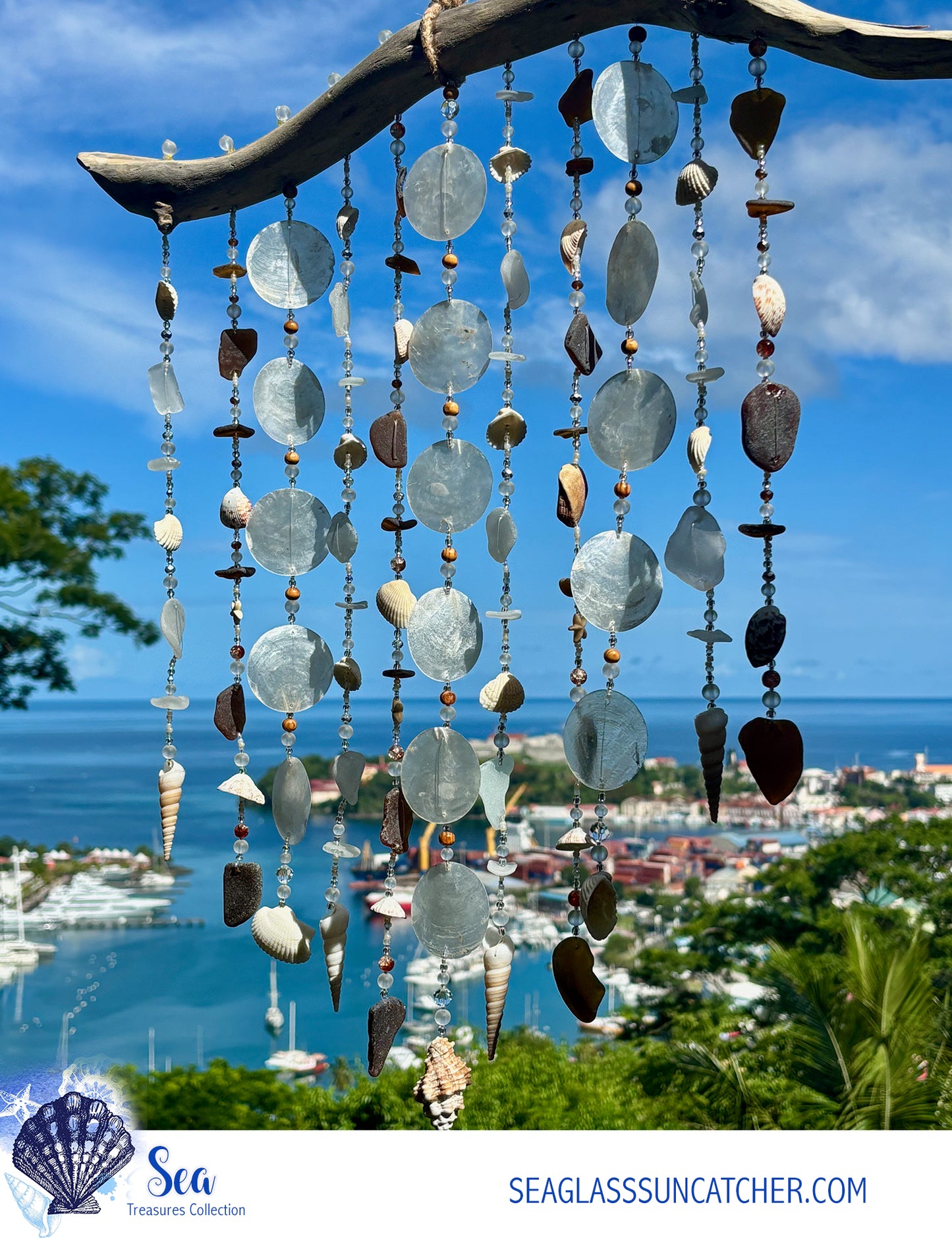 Seaglass suncatcher with a scenic background of a harbor and blue sky.