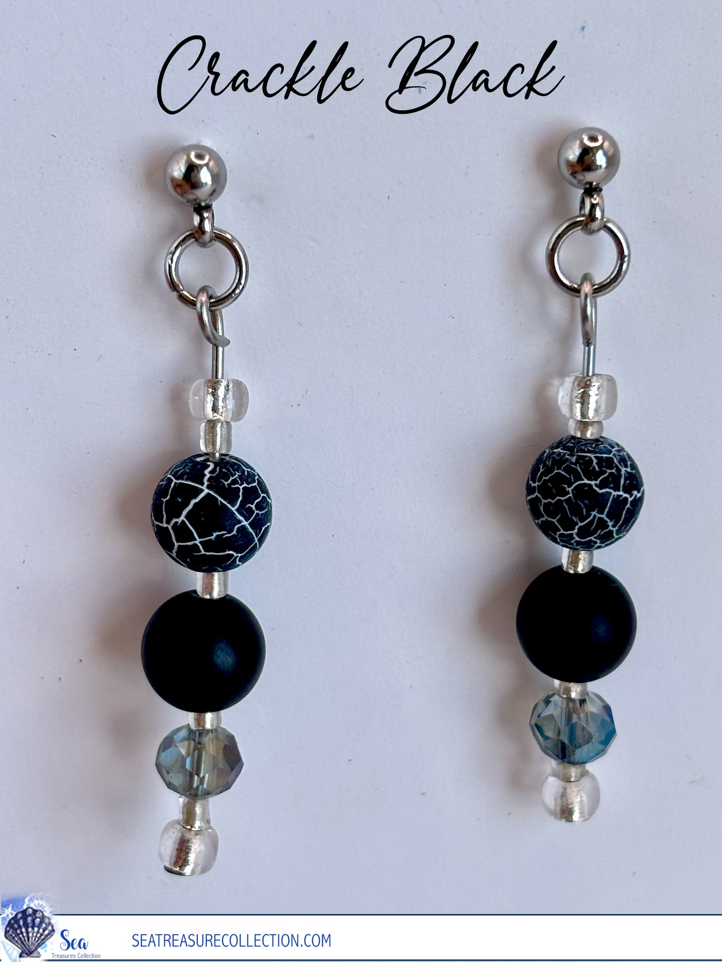 Pair of black crackle bead earrings on a white background with 'Crackle Black' text.