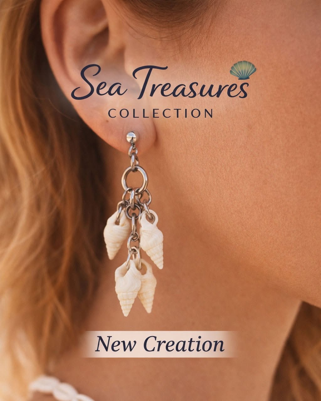 Woman wearing Delicate Whispering Shell Earrings inspired by the Caribbean Sea