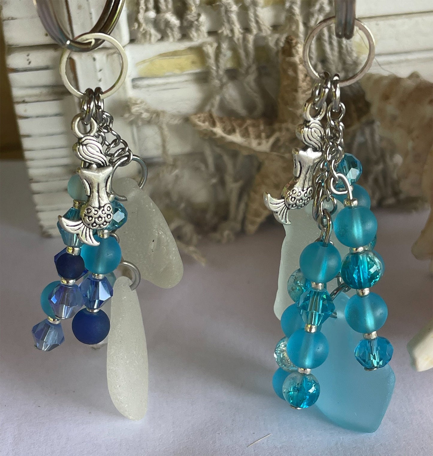 This cute Mermaid Beach Car keychain with seaglass and glass Beads is the perfect beaded keychain. Never loose your keys again!