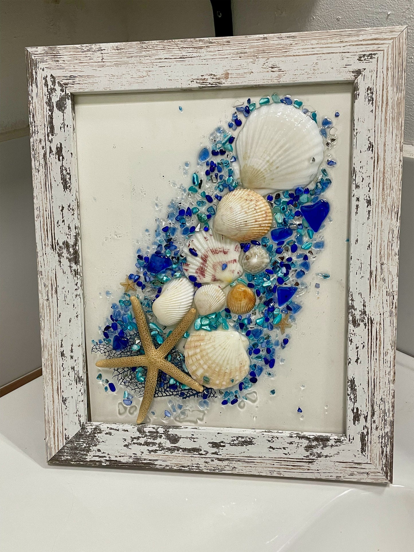 Coastal Sea Glass Art, Bathroom art, beach house, beach glass, coastal decor, beach gift