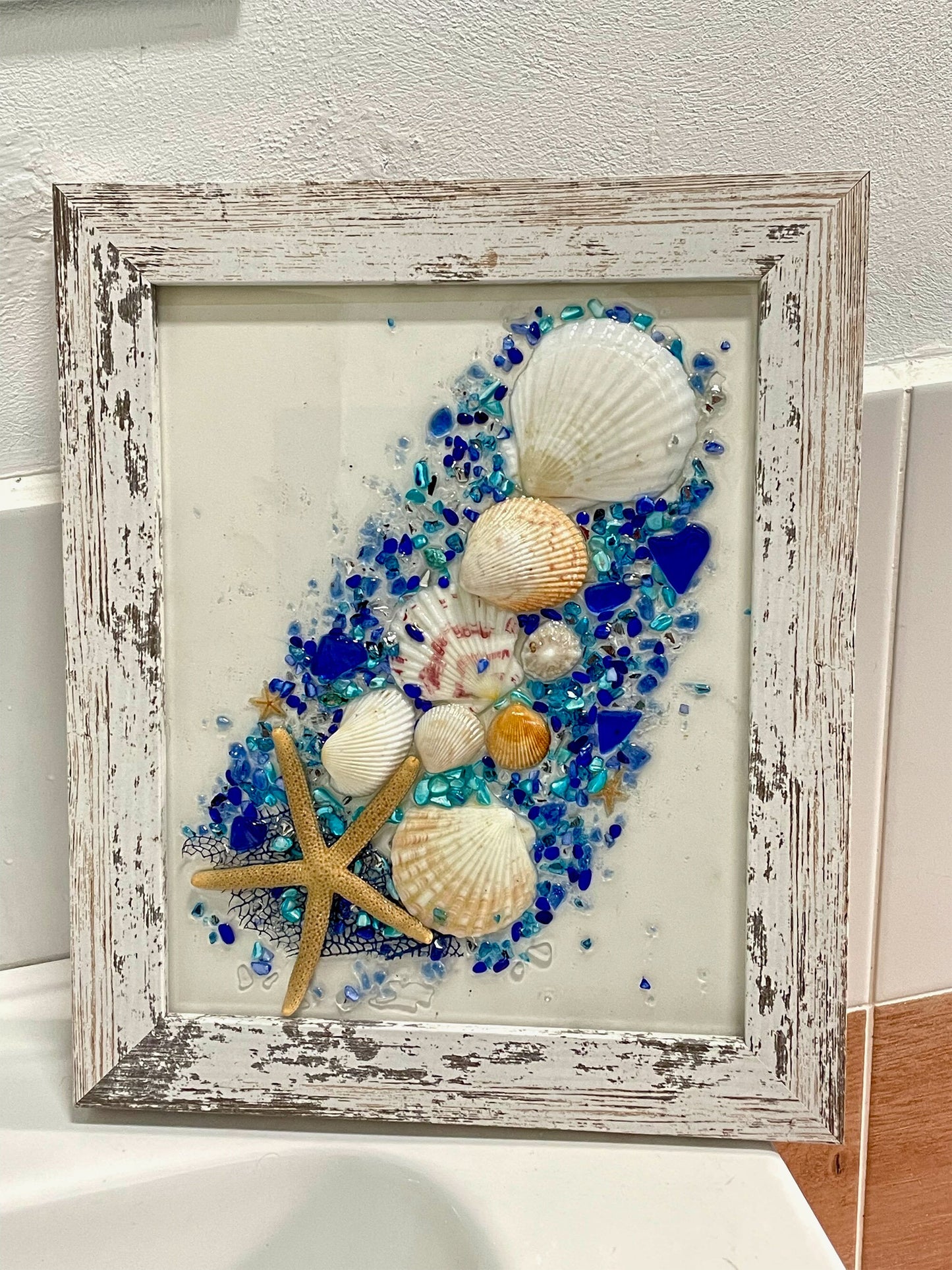 Coastal Sea Glass Art, Bathroom art, beach house, beach glass, coastal decor, beach gift