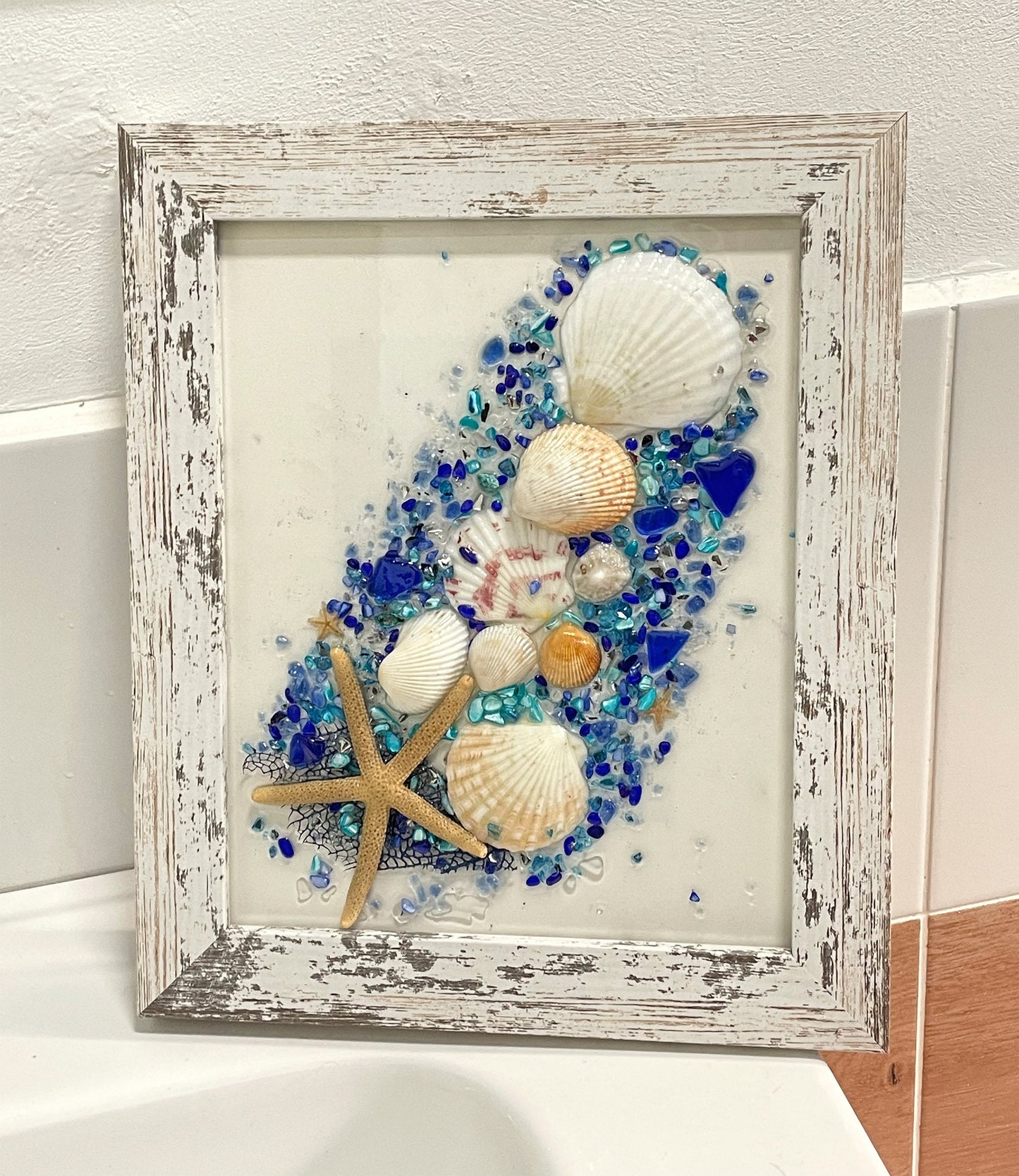 Coastal Sea Glass Art, Bathroom art, beach house, beach glass, coastal decor, beach gift