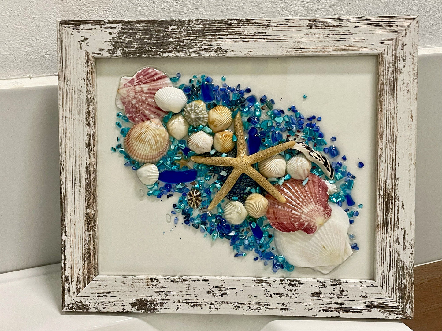 Coastal Sea Glass Art, Bathroom art, beach house, beach glass, coastal decor, beach gift