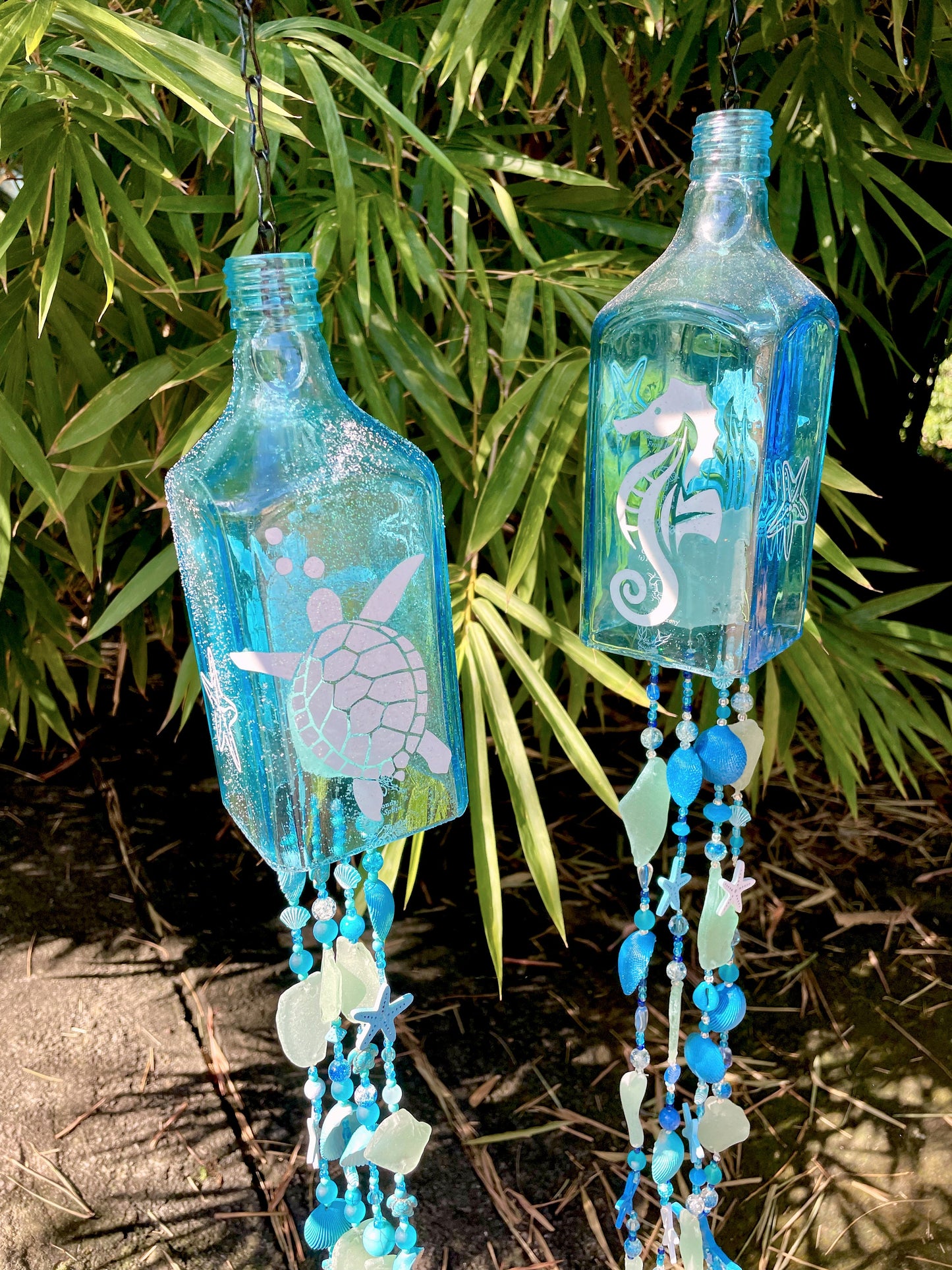 Bottle Wind Chimes, Starfish, Seahorse or Turtle Sun Catcher, Caribbean Tropical Decor