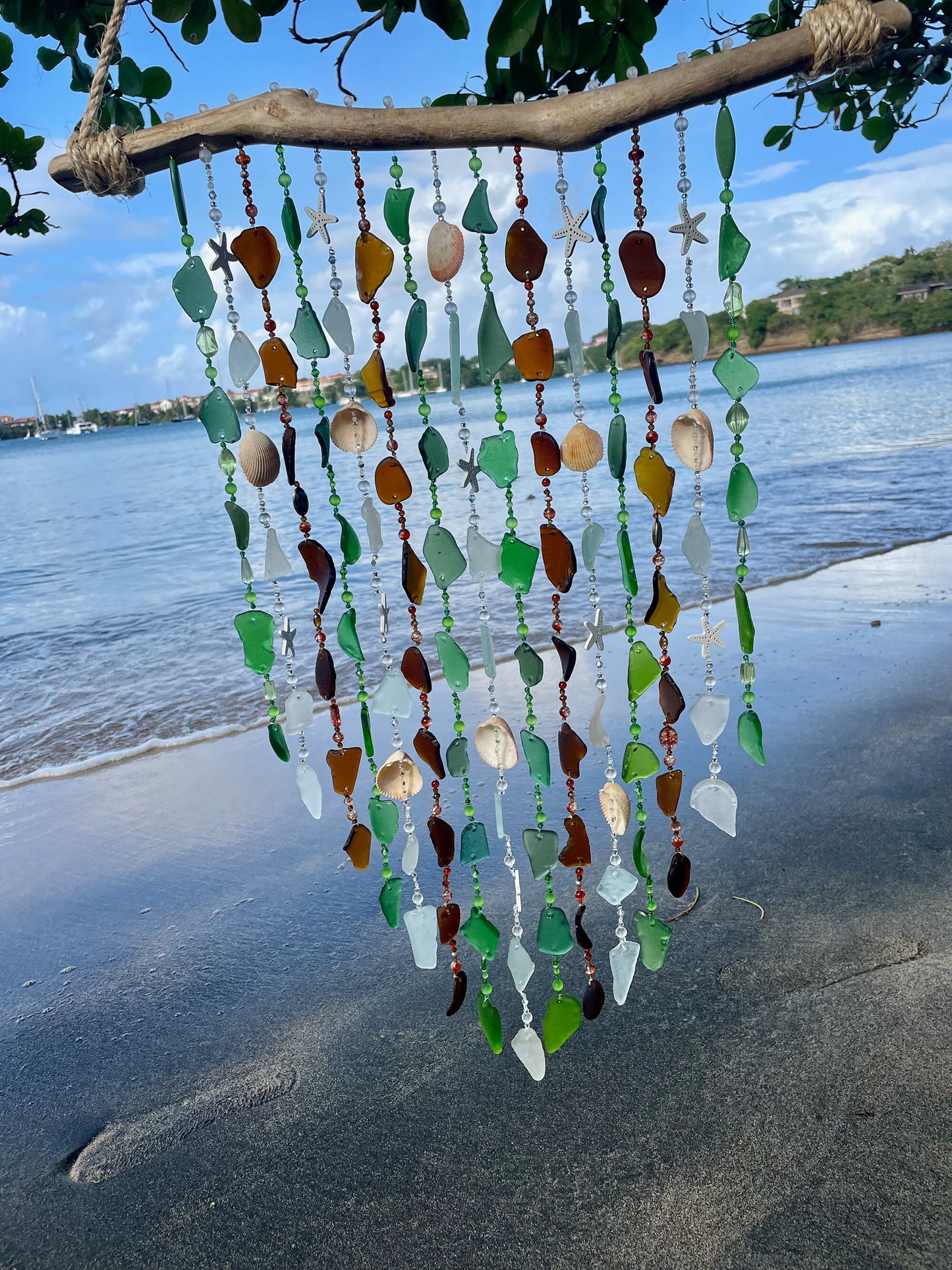 Sea Glass Wind Chime / Beach Glass & Shell, Beads and Driftwood Wind Chime - Patio Decor - Housewarming Gift