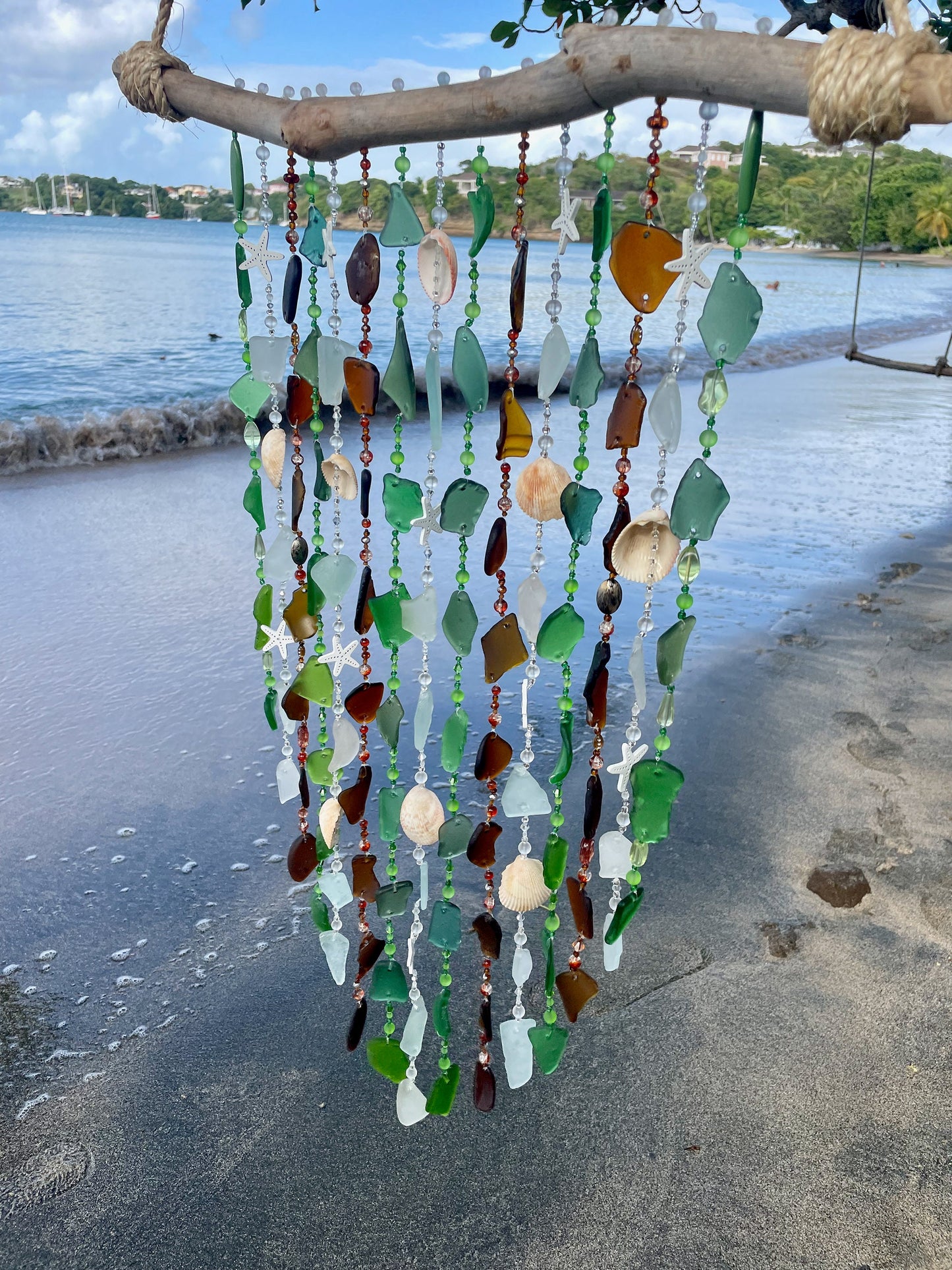 Sea Glass Wind Chime / Beach Glass & Shell, Beads and Driftwood Wind Chime - Patio Decor - Housewarming Gift