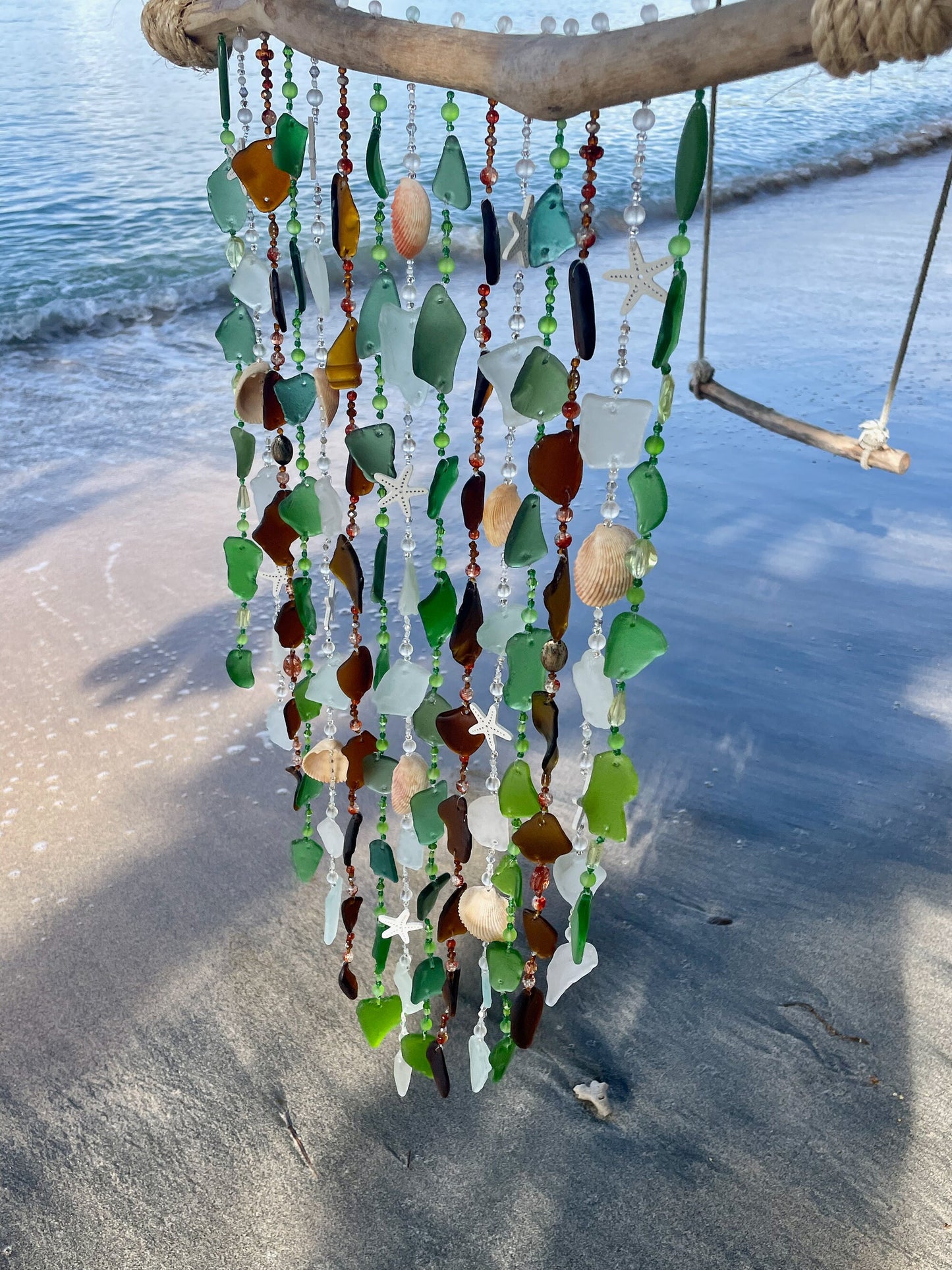 Sea Glass Wind Chime / Beach Glass & Shell, Beads and Driftwood Wind Chime - Patio Decor - Housewarming Gift