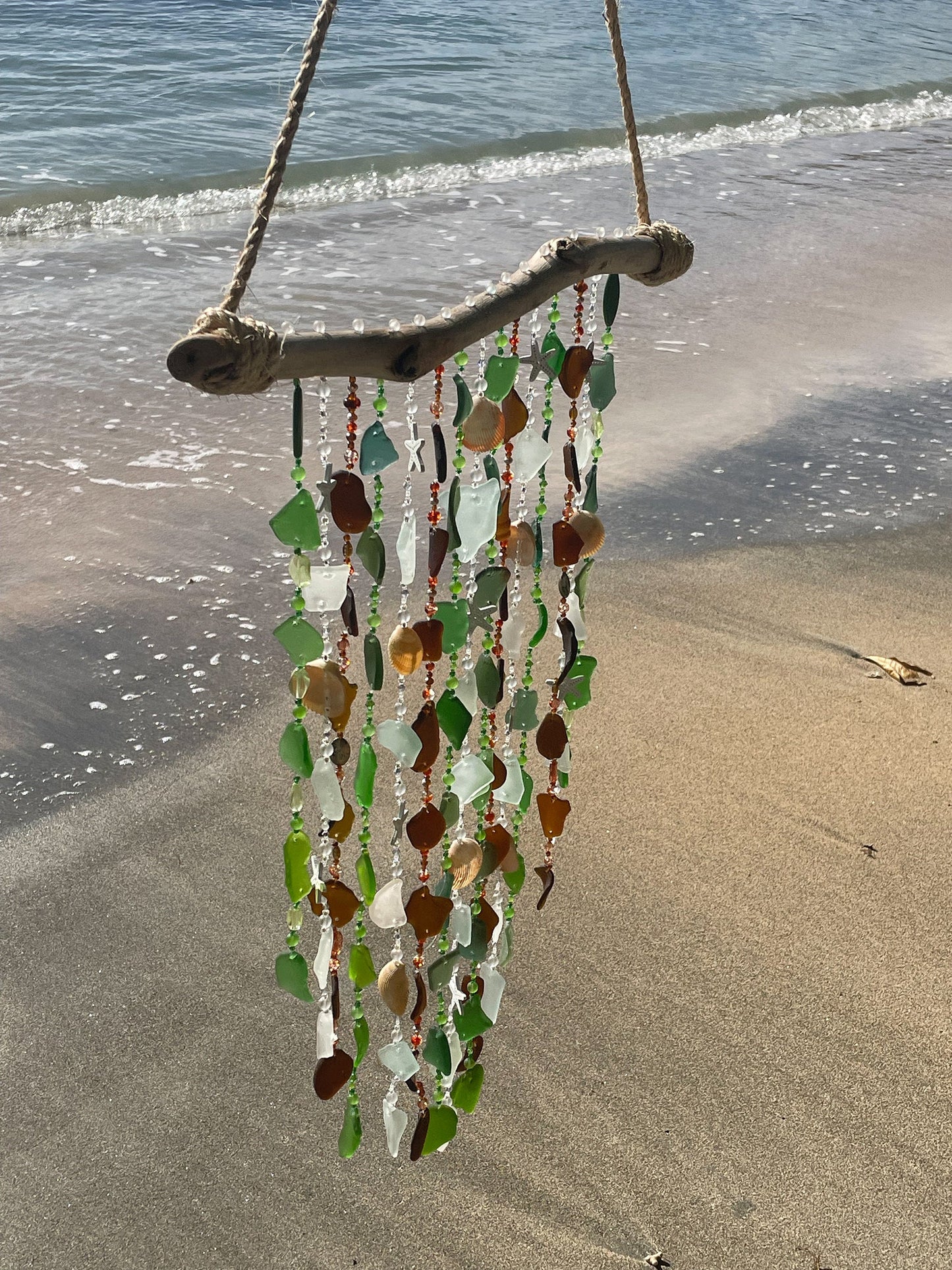 Sea Glass Wind Chime / Beach Glass & Shell, Beads and Driftwood Wind Chime - Patio Decor - Housewarming Gift