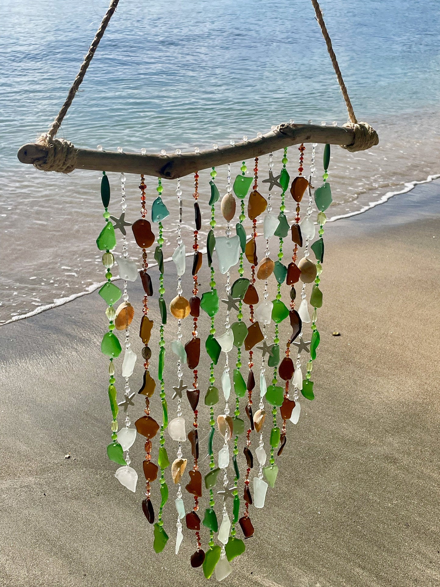 Sea Glass Wind Chime / Beach Glass & Shell, Beads and Driftwood Wind Chime - Patio Decor - Housewarming Gift