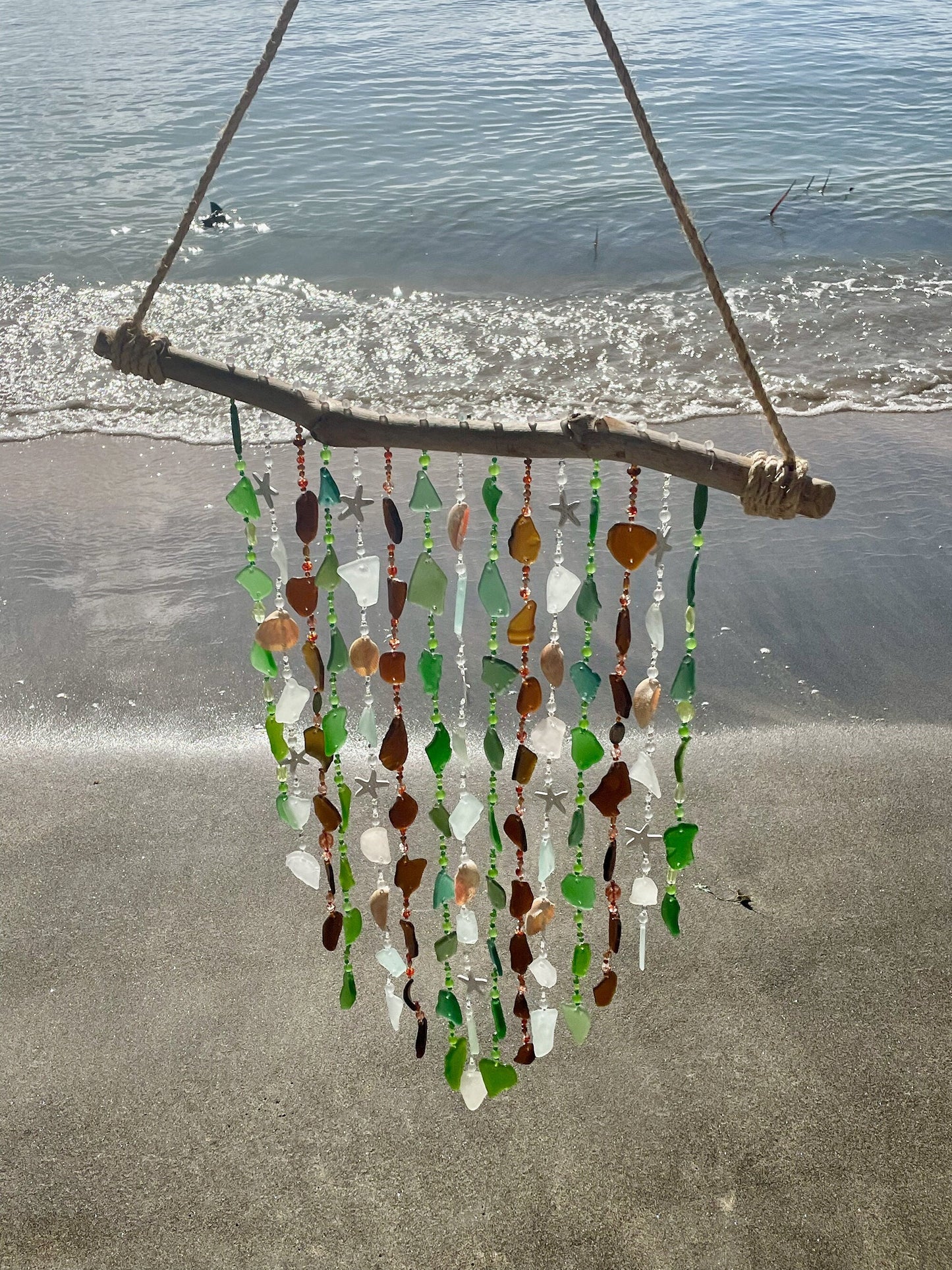 Sea Glass Wind Chime / Beach Glass & Shell, Beads and Driftwood Wind Chime - Patio Decor - Housewarming Gift
