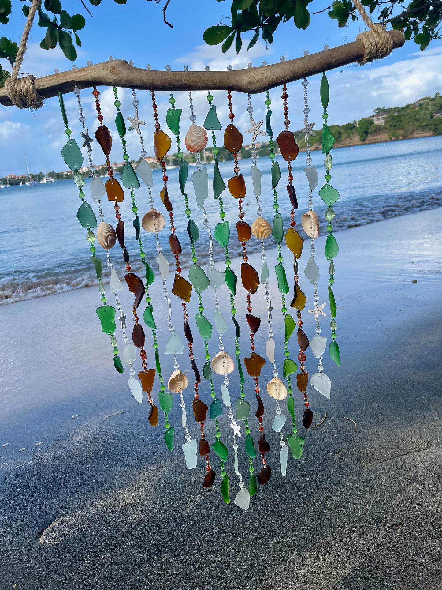 Sea Glass Wind Chime / Beach Glass & Shell, Beads and Driftwood Wind Chime - Patio Decor - Housewarming Gift