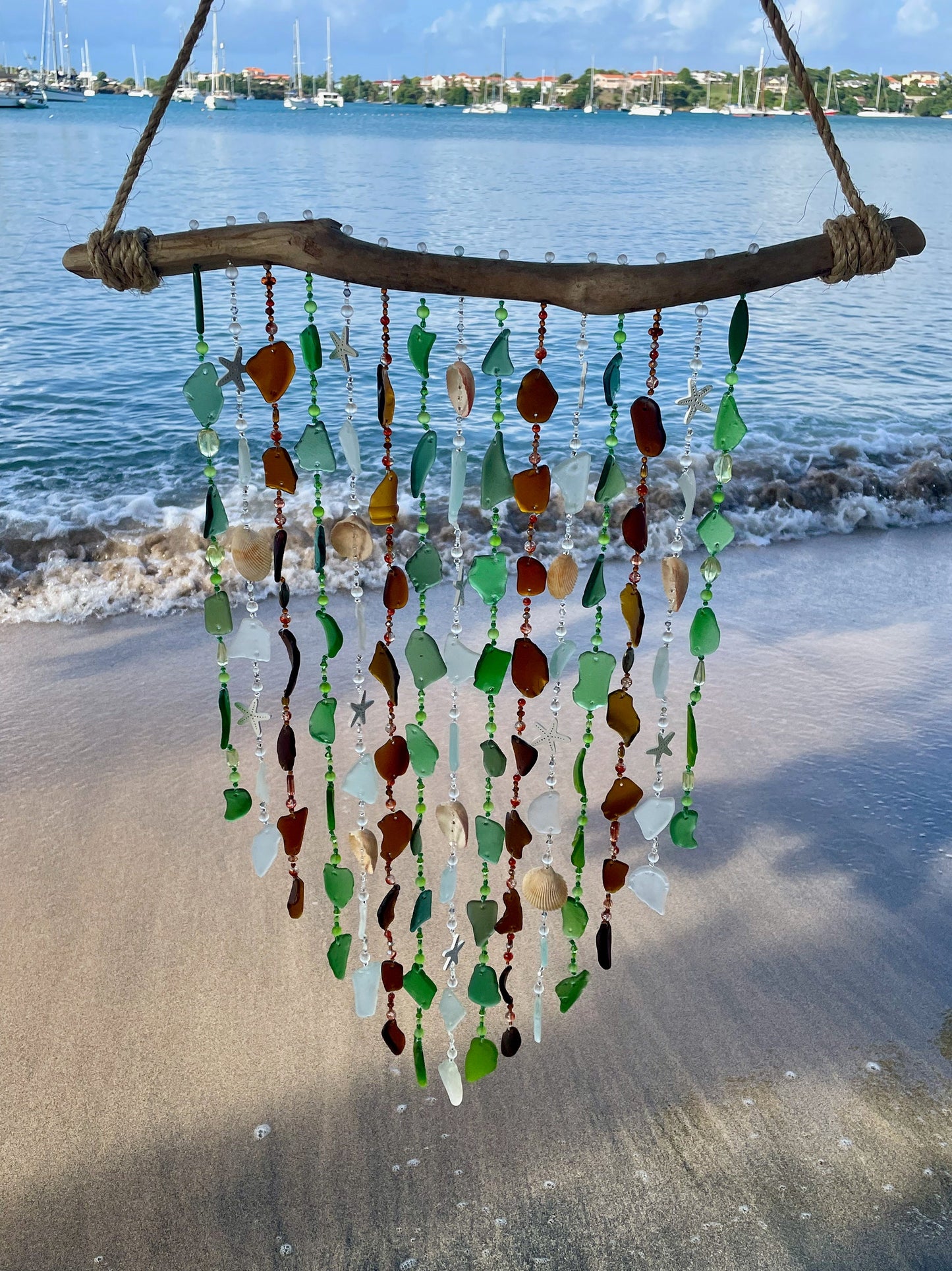 Sea Glass Wind Chime / Beach Glass & Shell, Beads and Driftwood Wind Chime - Patio Decor - Housewarming Gift