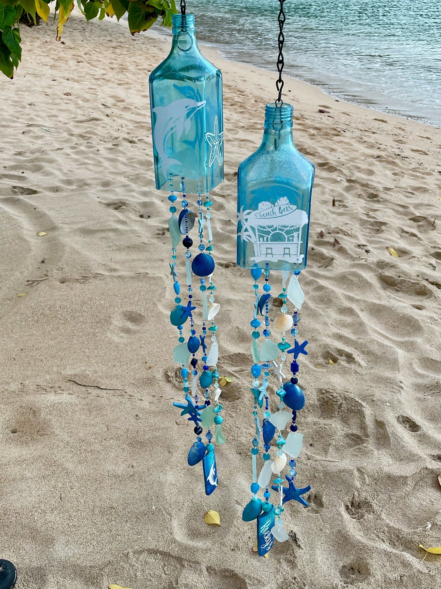 Bottle Wind Chimes, Starfish, Seahorse or Turtle Sun Catcher, Caribbean Tropical Decor