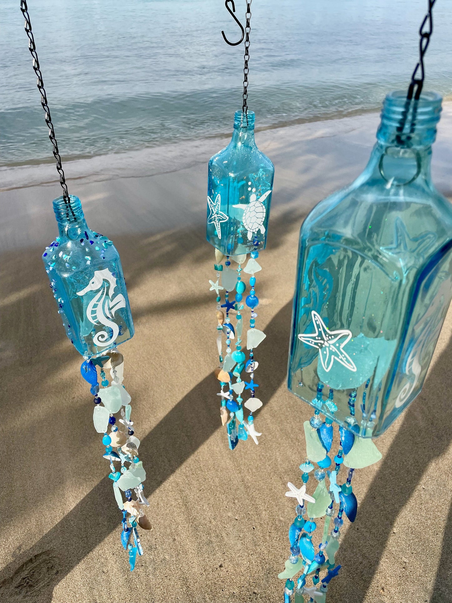 Bottle Wind Chimes, Starfish, Seahorse or Turtle Sun Catcher, Caribbean Tropical Decor