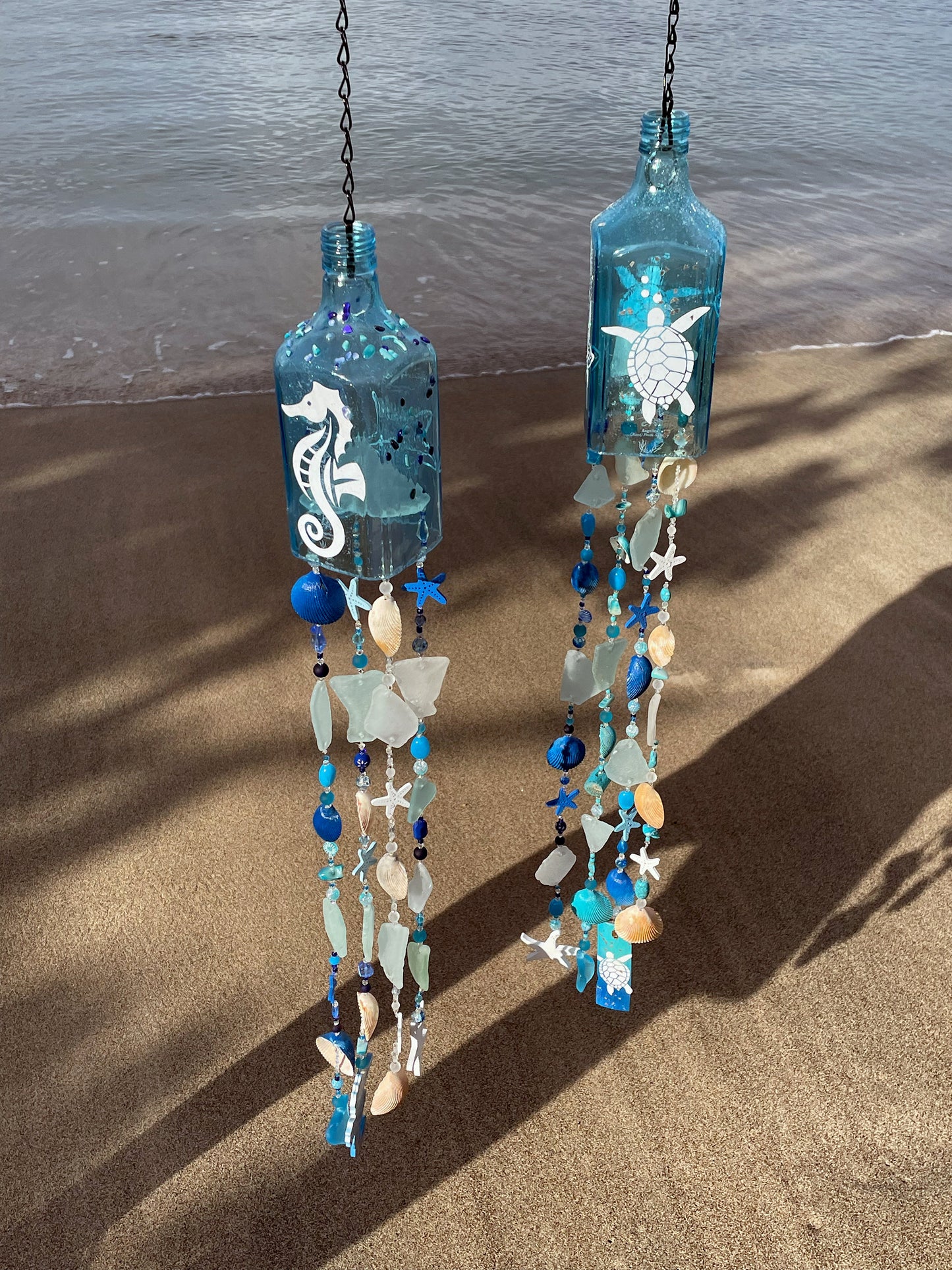 Bottle Wind Chimes, Starfish, Seahorse or Turtle Sun Catcher, Caribbean Tropical Decor