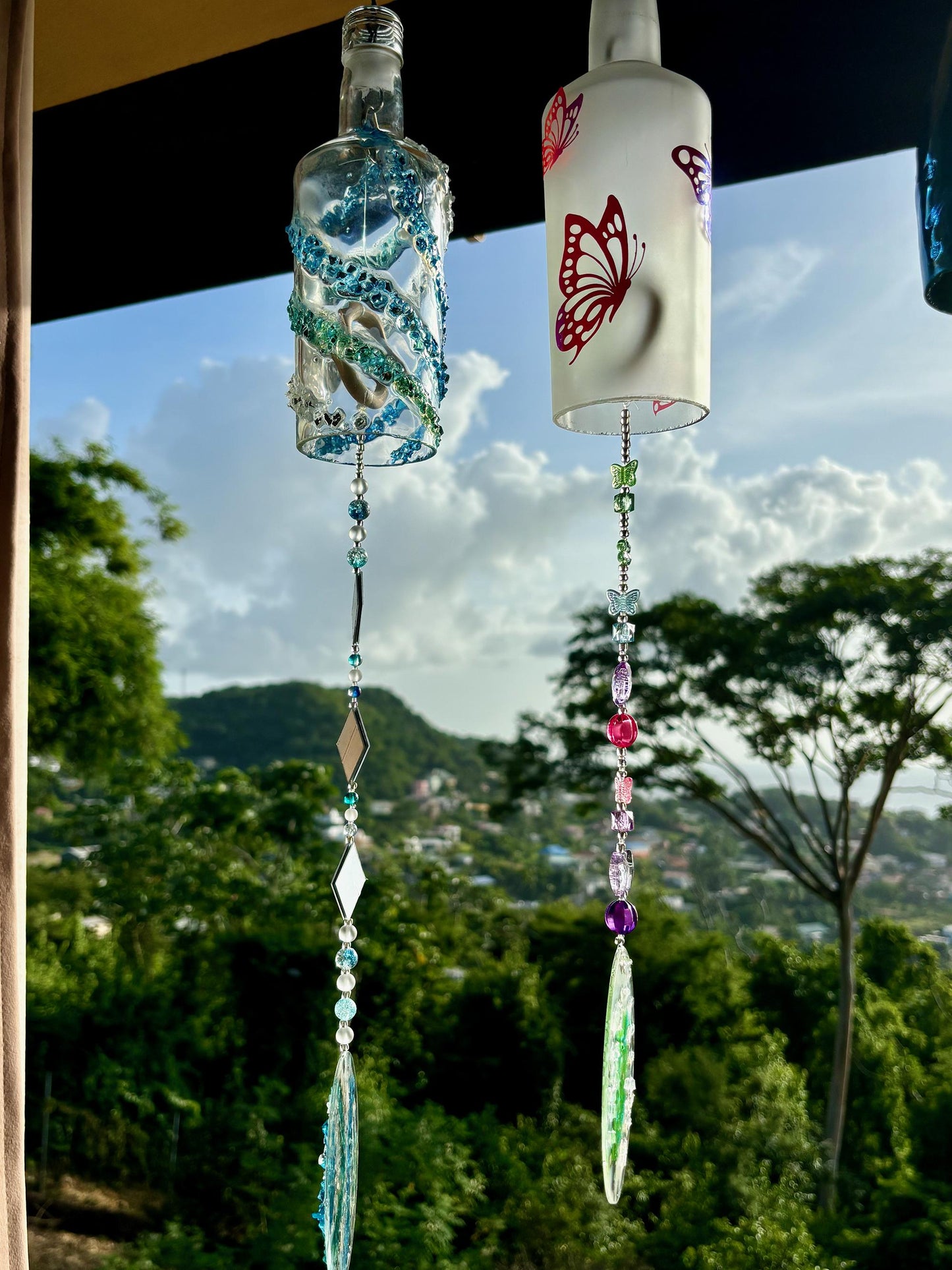 Glass Chimes, Wine Bottle Wind Chime, Outdoor Decorations, Chimes for loved ones, Unique gifts for her.