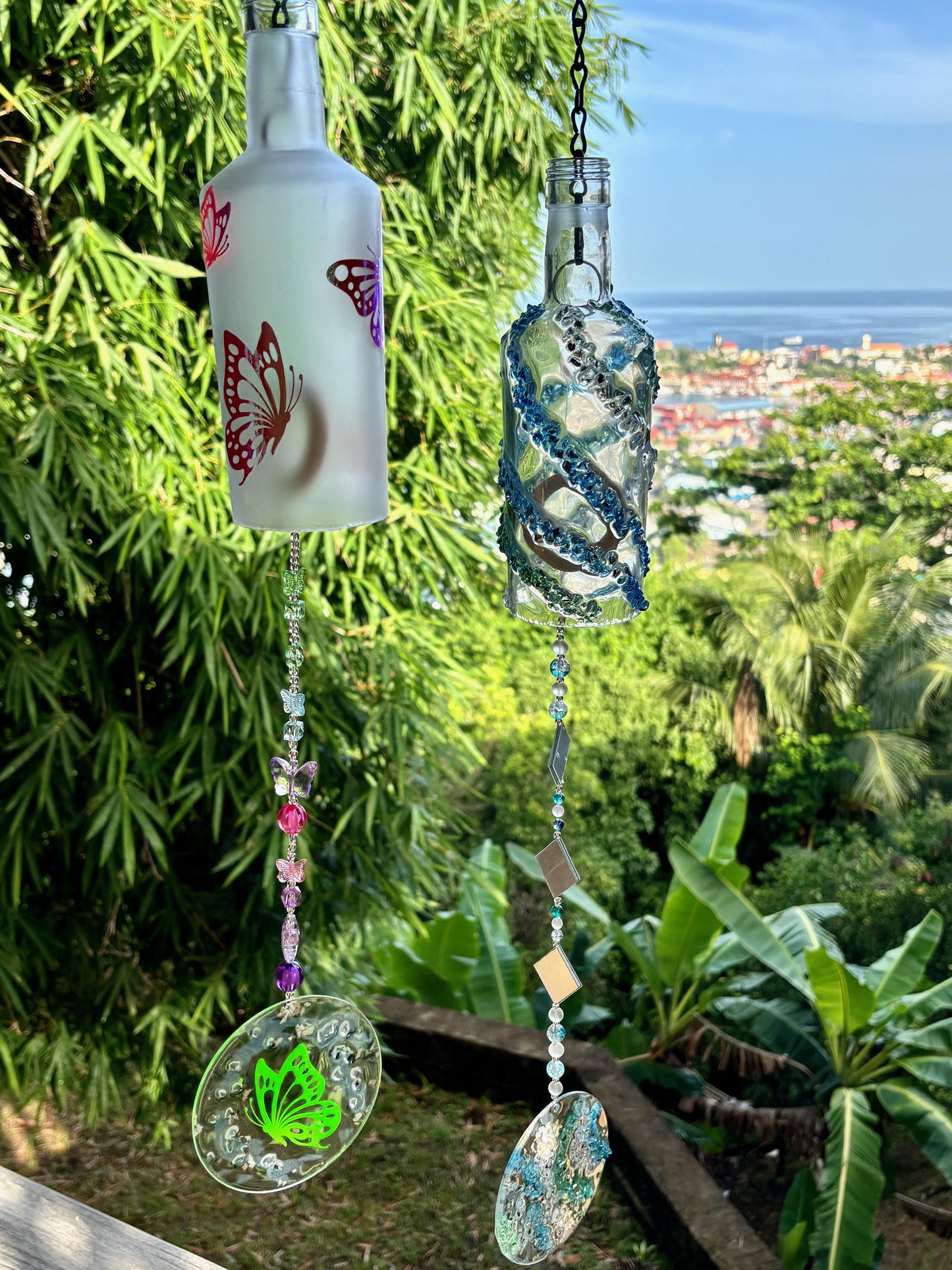 Glass Chimes, Wine Bottle Wind Chime, Outdoor Decorations, Chimes for loved ones, Unique gifts for her.