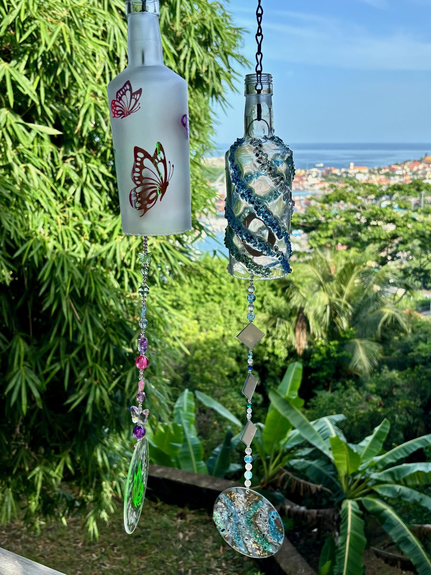 Glass Chimes, Wine Bottle Wind Chime, Outdoor Decorations, Chimes for loved ones, Unique gifts for her.