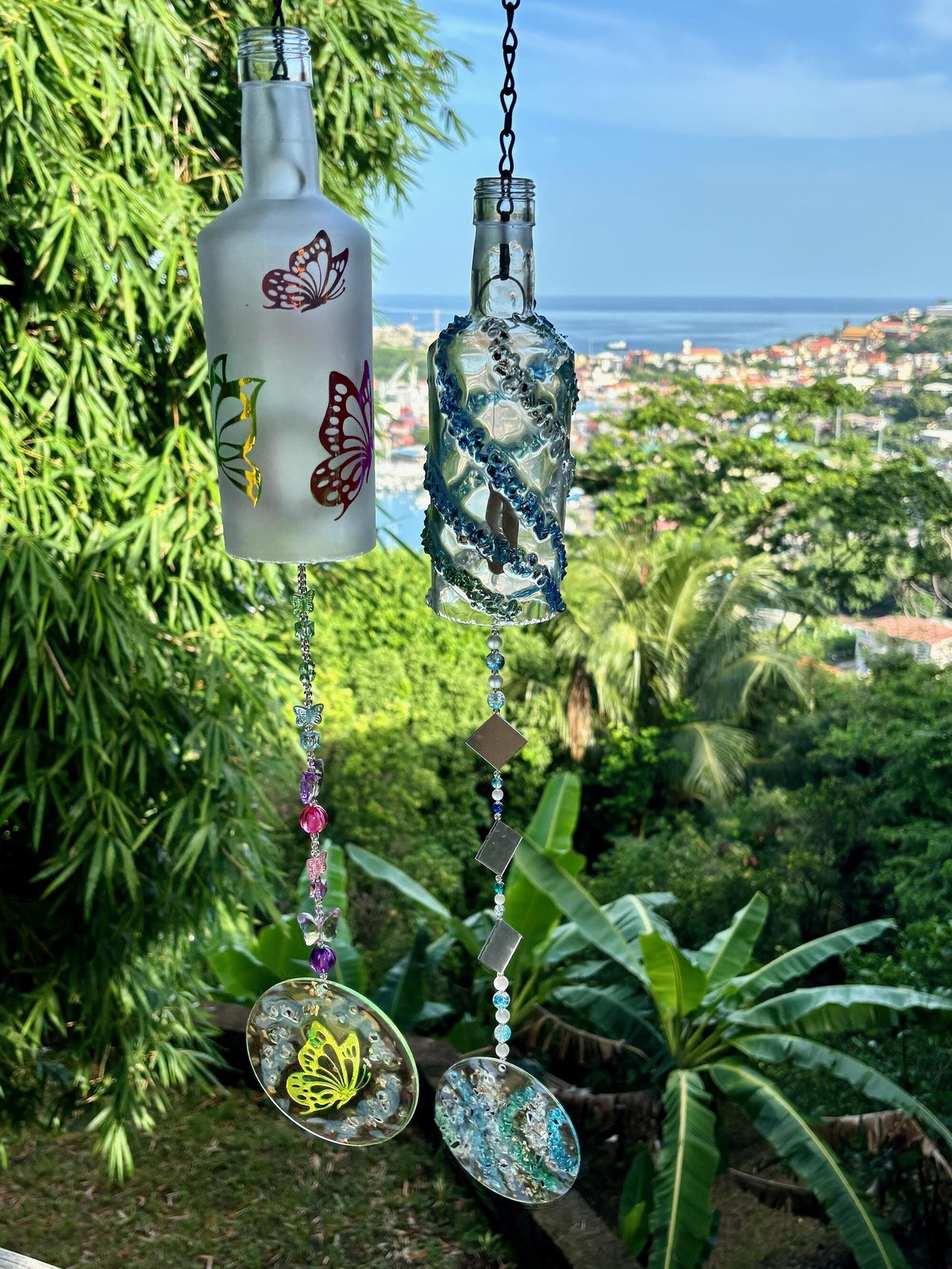 Glass Chimes, Wine Bottle Wind Chime, Outdoor Decorations, Chimes for loved ones, Unique gifts for her.