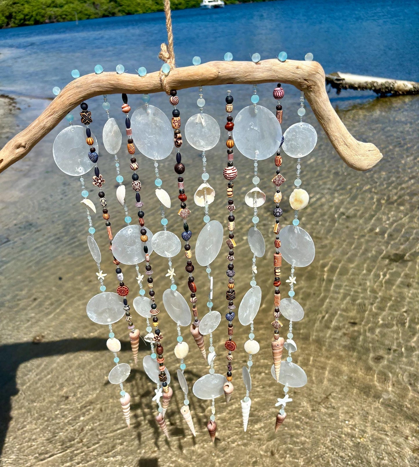 Sea and Capiz Shell Wind Chime on Driftwood - Tropical Decor and a perfect gift for Beach Lovers
