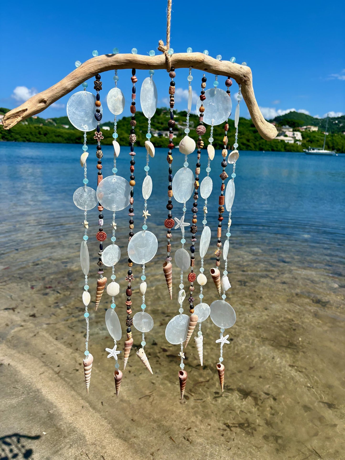 Sea and Capiz Shell Wind Chime on Driftwood - Tropical Decor and a perfect gift for Beach Lovers