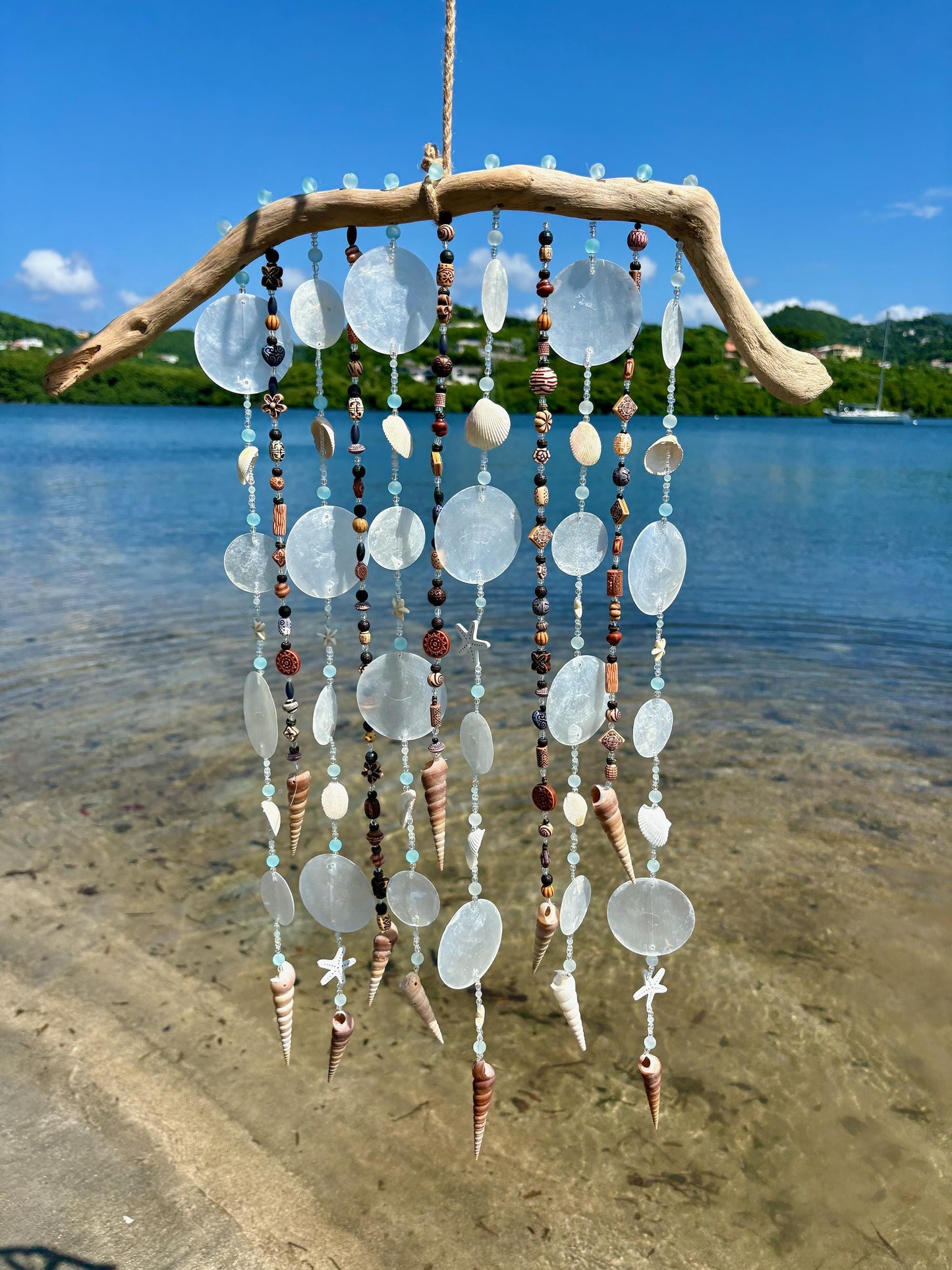 Sea and Capiz Shell Wind Chime on Driftwood - Tropical Decor and a perfect gift for Beach Lovers