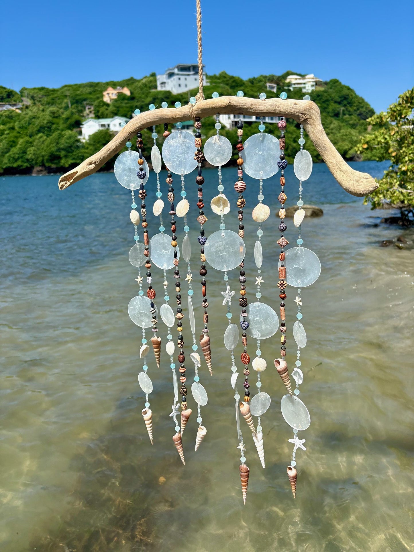 Sea and Capiz Shell Wind Chime on Driftwood - Tropical Decor and a perfect gift for Beach Lovers