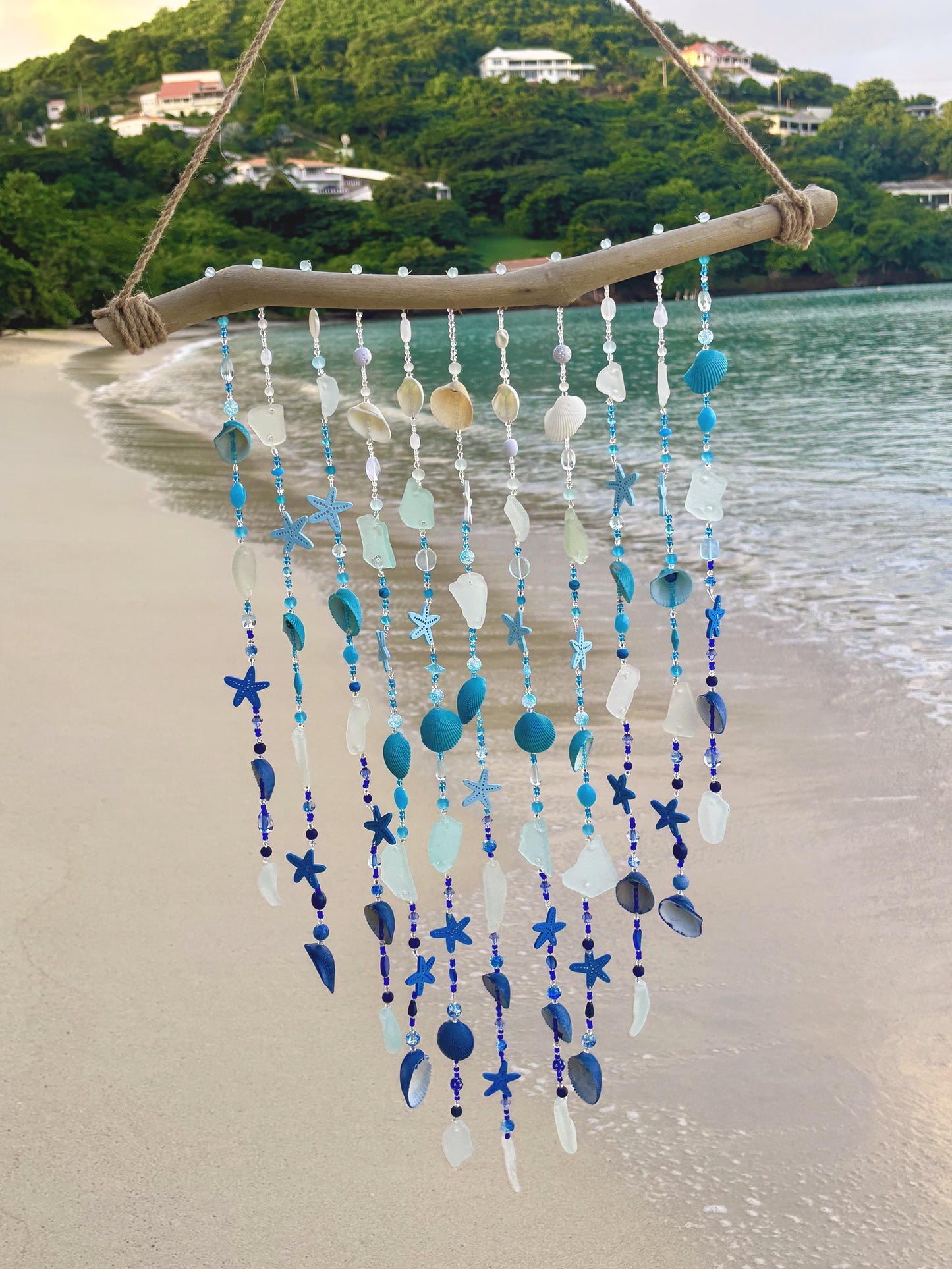 Mixed Wind Chime with Sea Glass, Shells, and Beads, on Driftwood. Tropical Decor and a perfect gift for Beach Lovers