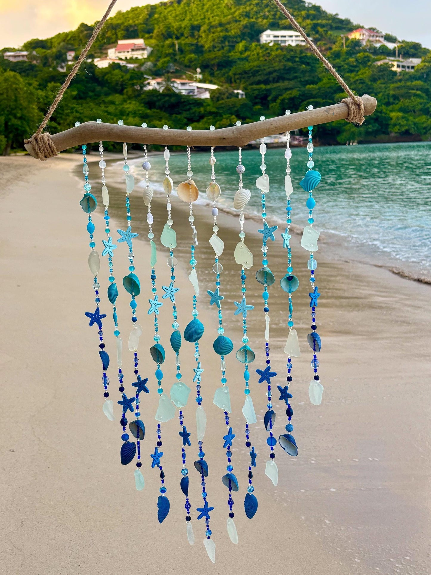 Mixed Wind Chime with Sea Glass, Shells, and Beads, on Driftwood. Tropical Decor and a perfect gift for Beach Lovers