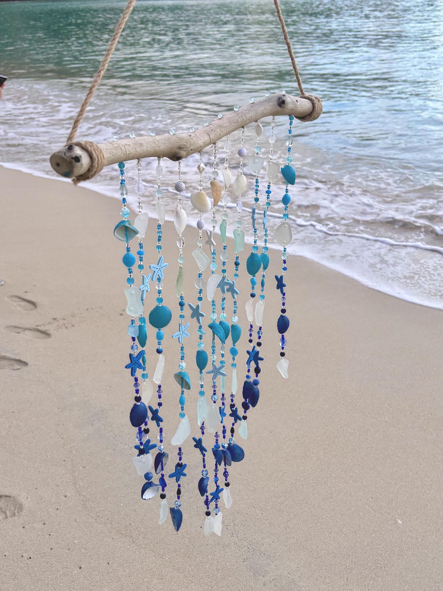 Mixed Wind Chime with Sea Glass, Shells, and Beads, on Driftwood. Tropical Decor and a perfect gift for Beach Lovers