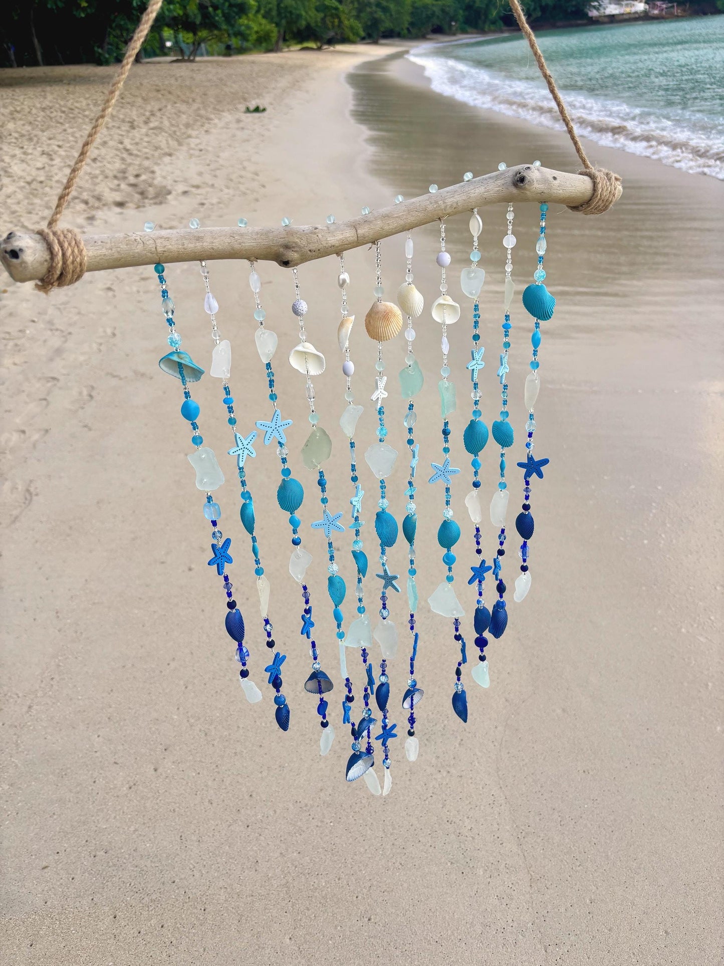 Mixed Wind Chime with Sea Glass, Shells, and Beads, on Driftwood. Tropical Decor and a perfect gift for Beach Lovers