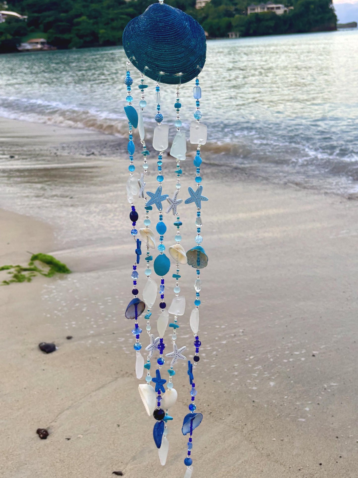 Clam Shell Wind Chime with genuine sea glass, shells, and wooden starfish. Unique Gift for all Beach Lovers
