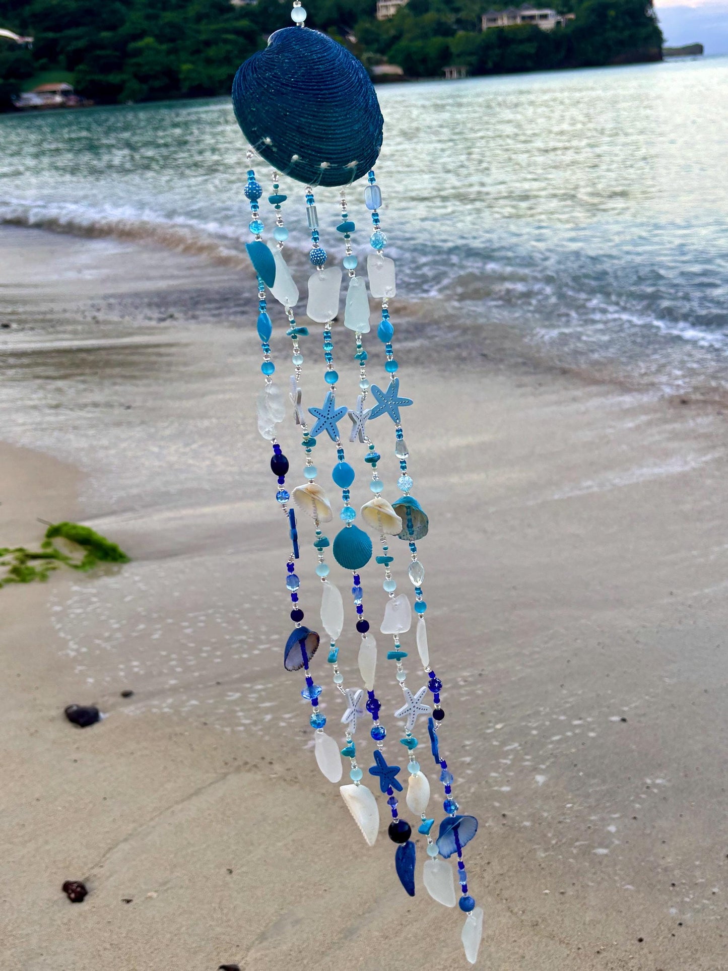 Clam Shell Wind Chime with genuine sea glass, shells, and wooden starfish. Unique Gift for all Beach Lovers