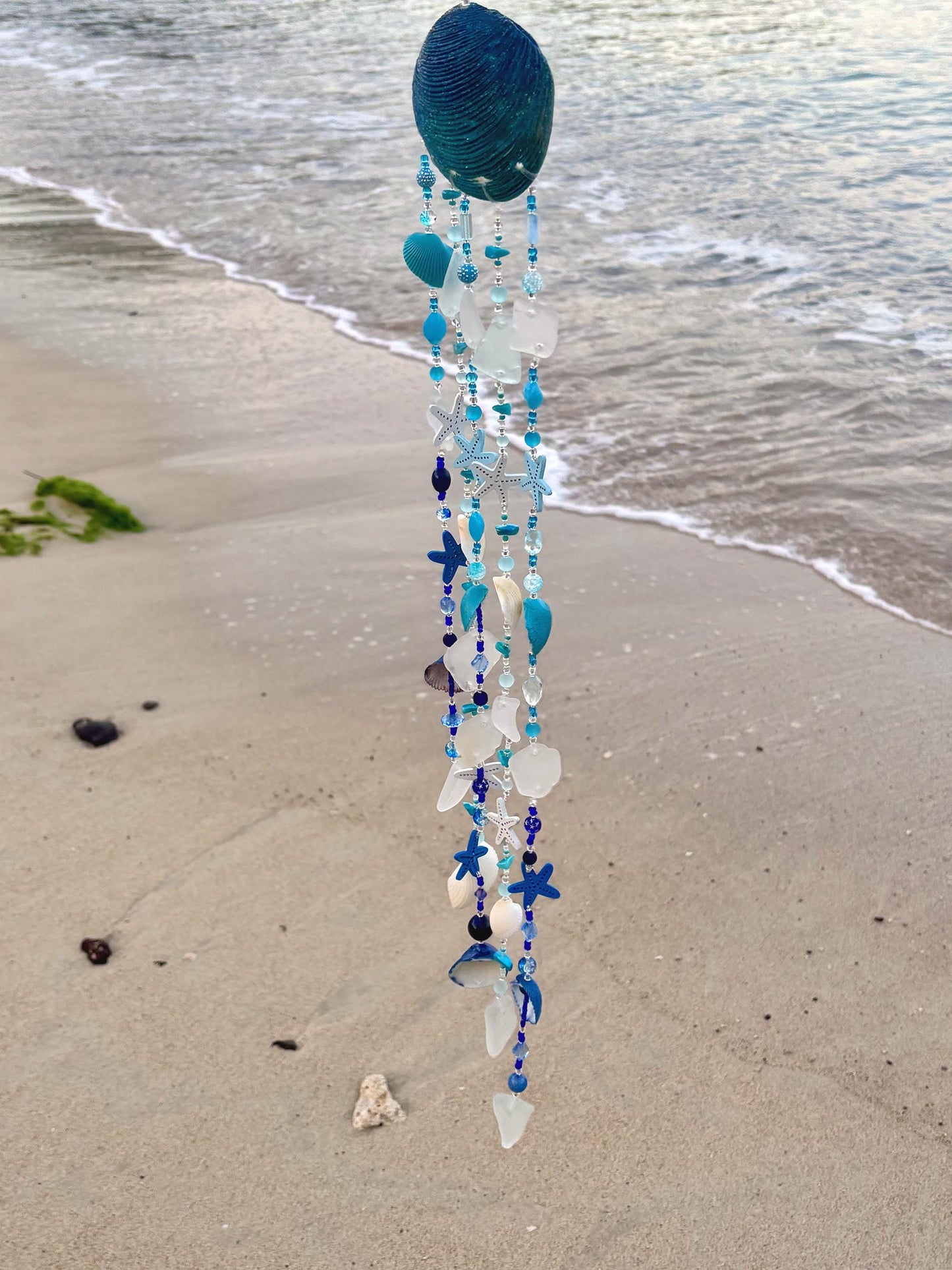 Clam Shell Wind Chime with genuine sea glass, shells, and wooden starfish. Unique Gift for all Beach Lovers