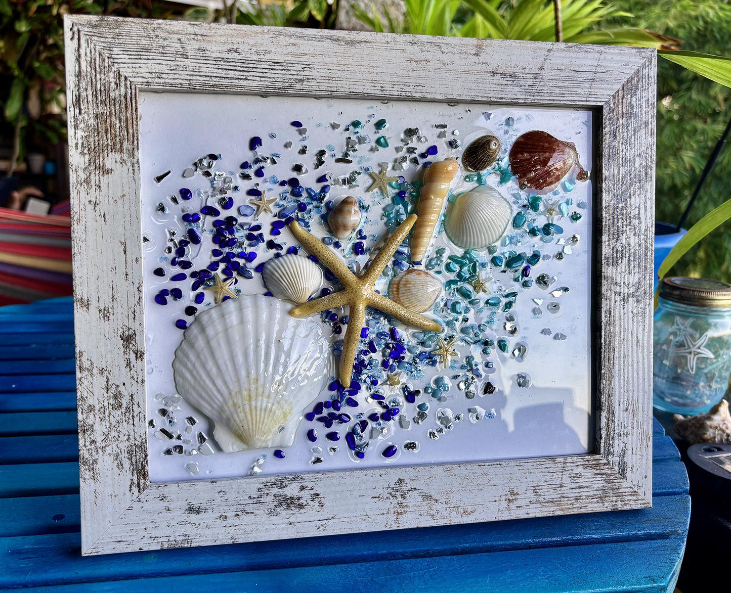 Seashell Wall Hanging on Glass, Beach Art for Bathroom Decor, Shell Wall Art for Nautical Decor, Coastal Glass Art,Beach House Wall Art