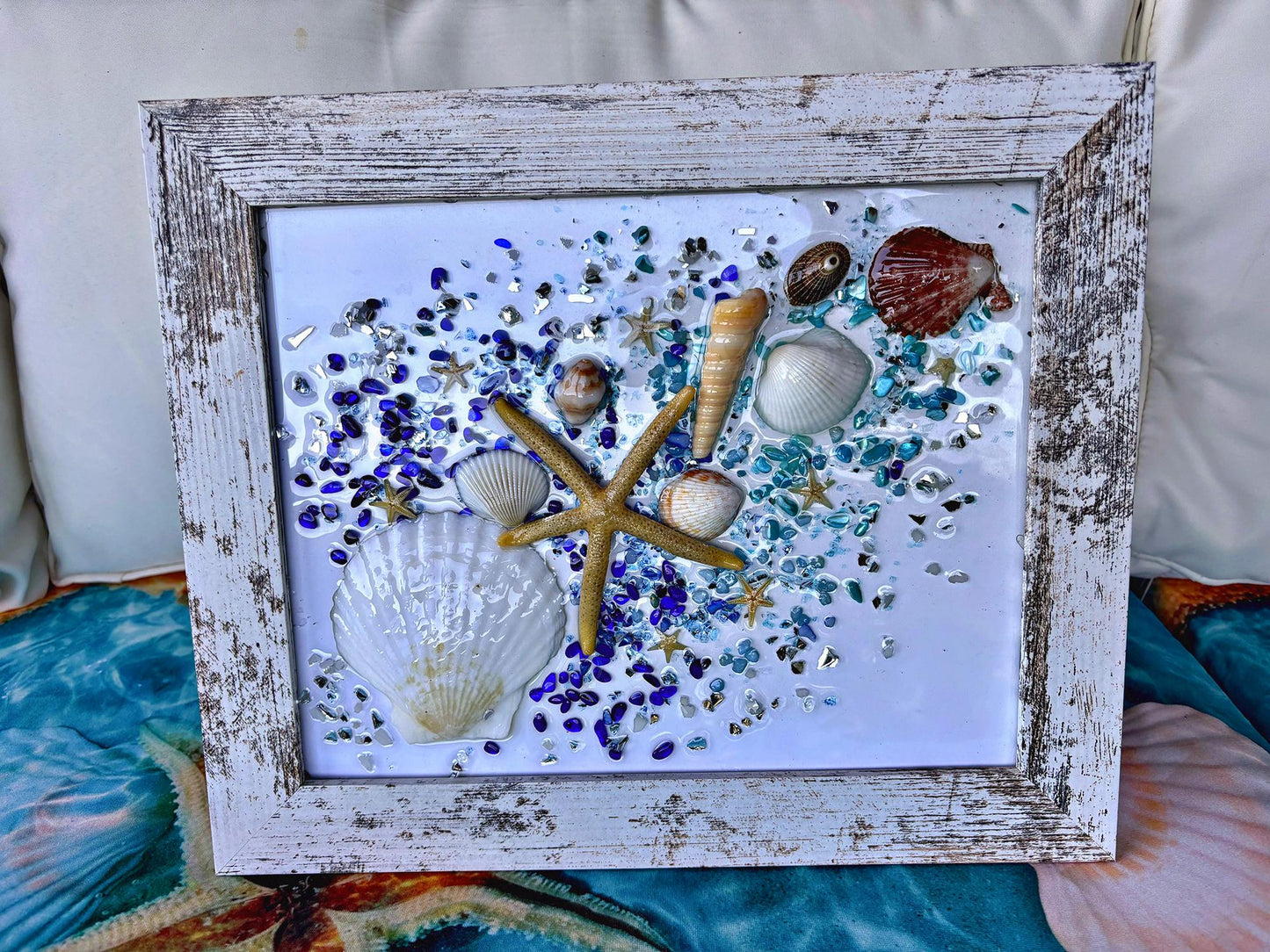 Seashell Wall Hanging on Glass, Beach Art for Bathroom Decor, Shell Wall Art for Nautical Decor, Coastal Glass Art,Beach House Wall Art