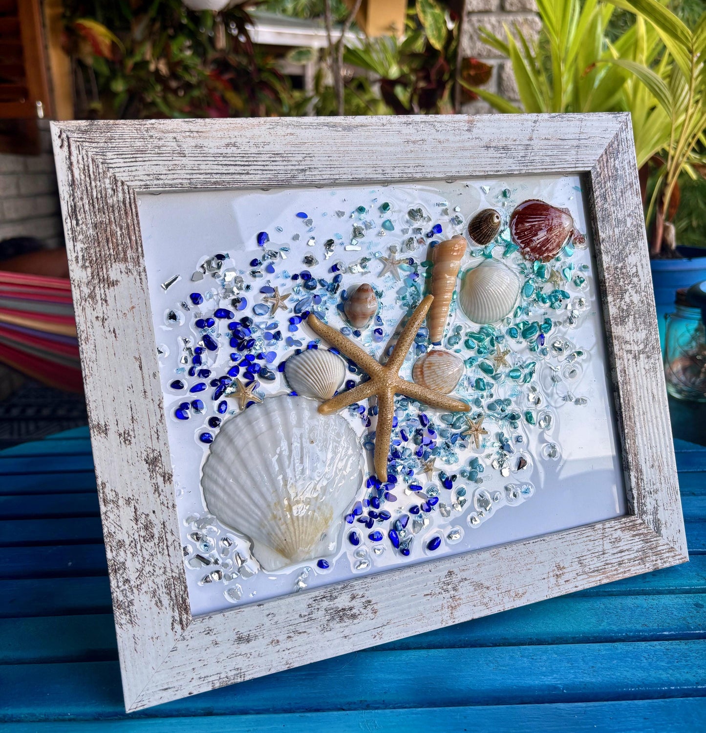 Seashell Wall Hanging on Glass, Beach Art for Bathroom Decor, Shell Wall Art for Nautical Decor, Coastal Glass Art,Beach House Wall Art