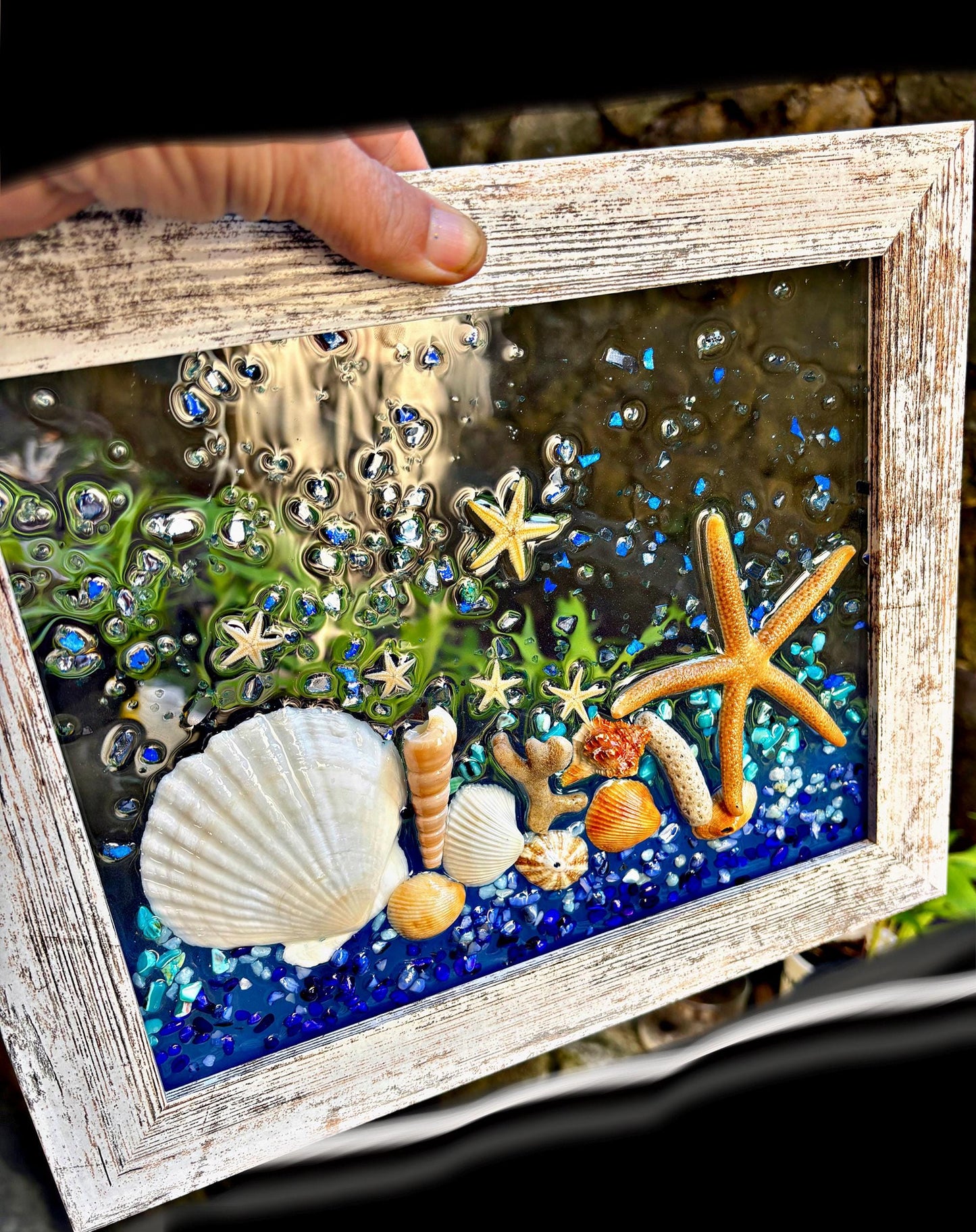 Sea Shell Glass Art, Shell Wall Art for Nautical Decor, beach house, beach glass, coastal decor, beach gift