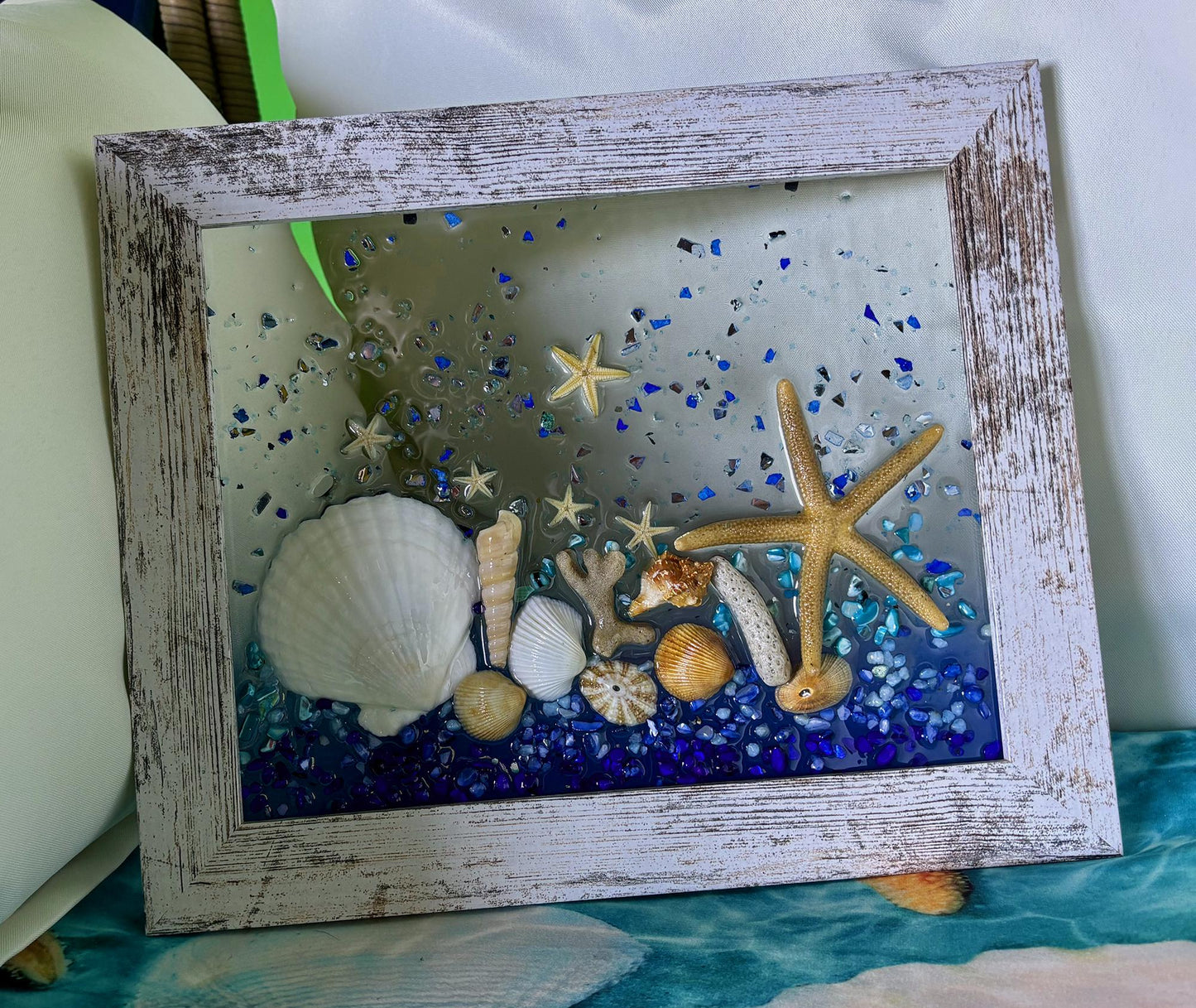 Sea Shell Glass Art, Shell Wall Art for Nautical Decor, beach house, beach glass, coastal decor, beach gift