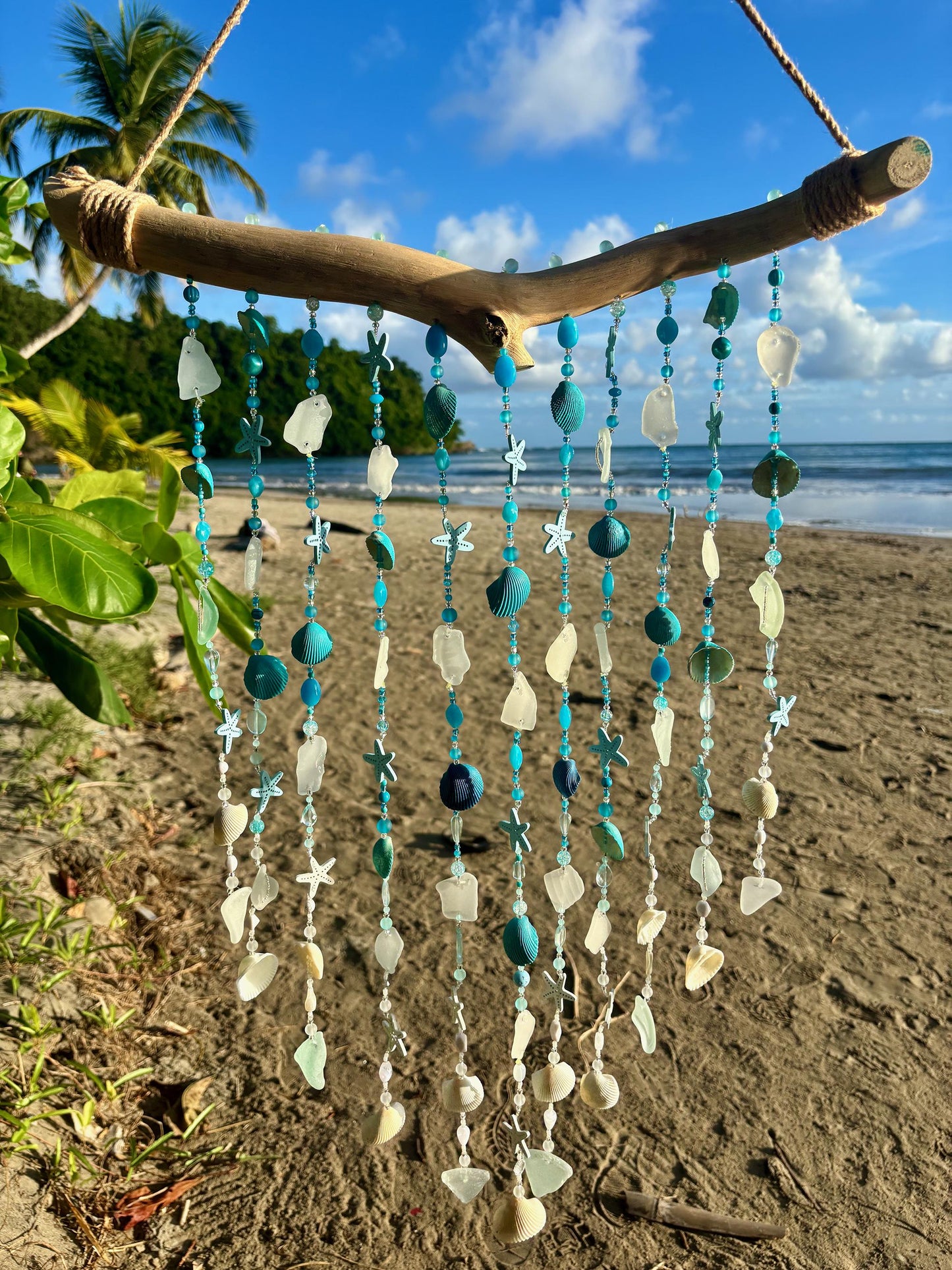 Coastal Sun Catcher - Wind Chime / Beach Glass & Shell, Beads and Driftwood Wind Chime - Tropical Decor -Housewarming Gift