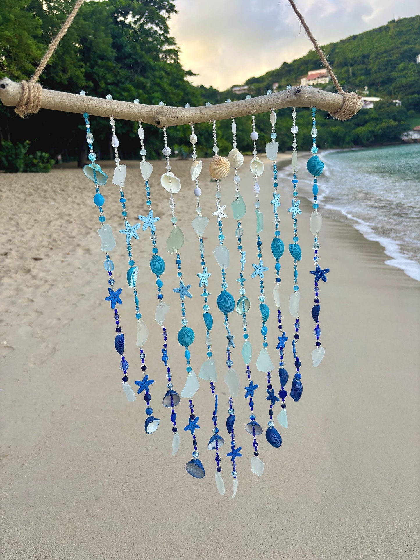 Mixed Wind Chime with Sea Glass, Shells, and Beads, on Driftwood. Tropical Decor and a perfect gift for Beach Lovers