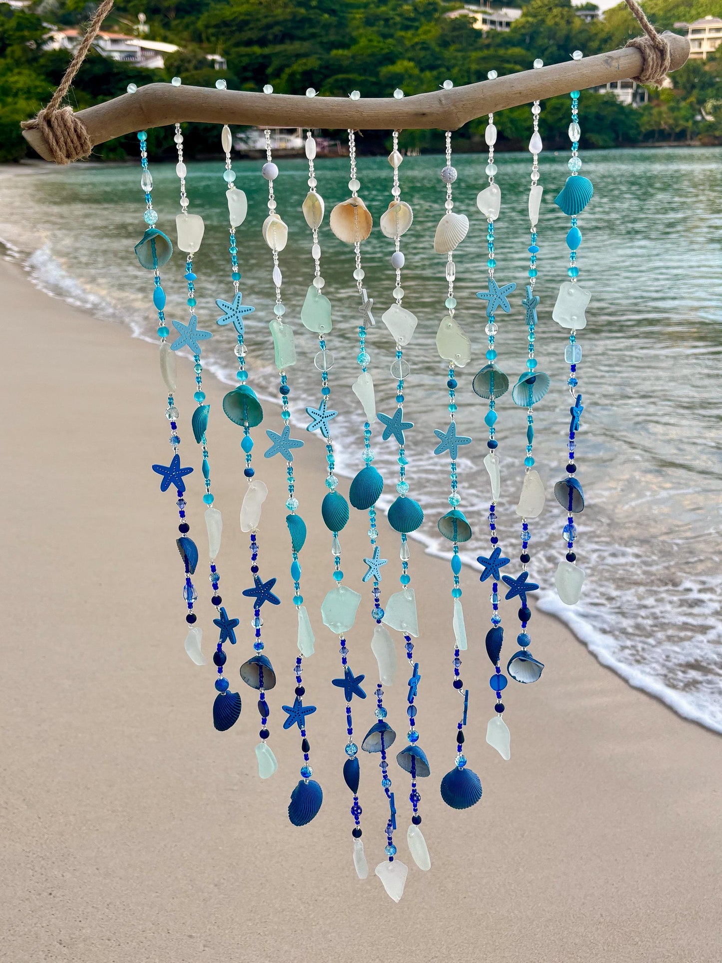 Mixed Wind Chime with Sea Glass, Shells, and Beads, on Driftwood. Tropical Decor and a perfect gift for Beach Lovers