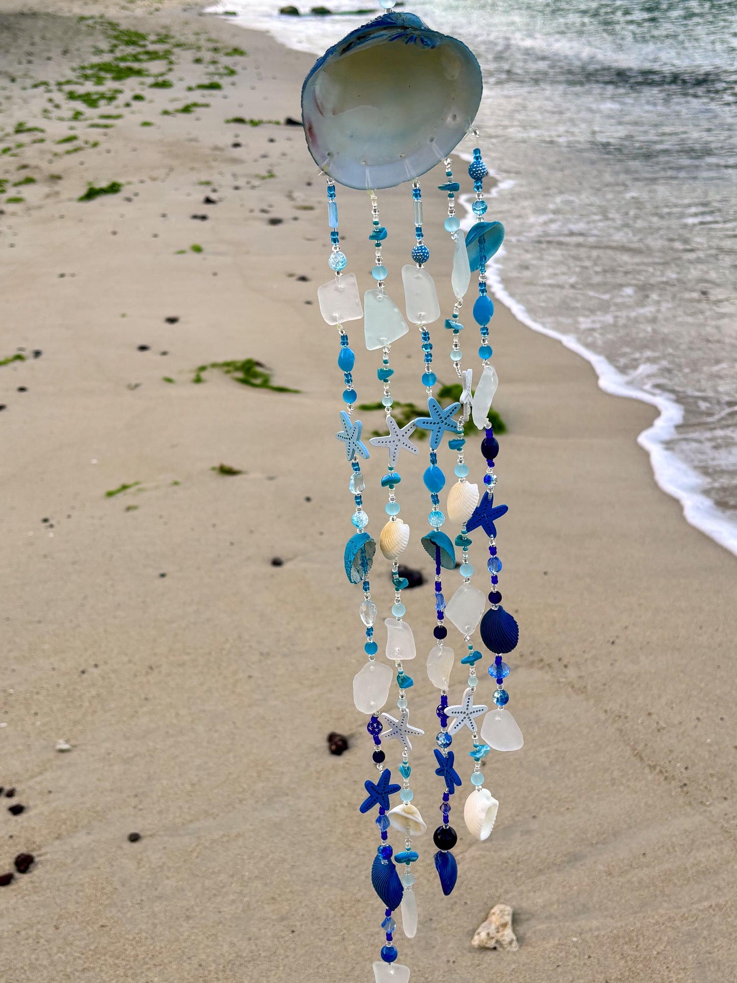 Clam Shell Wind Chime with genuine sea glass, shells, and wooden starfish. Unique Gift for all Beach Lovers