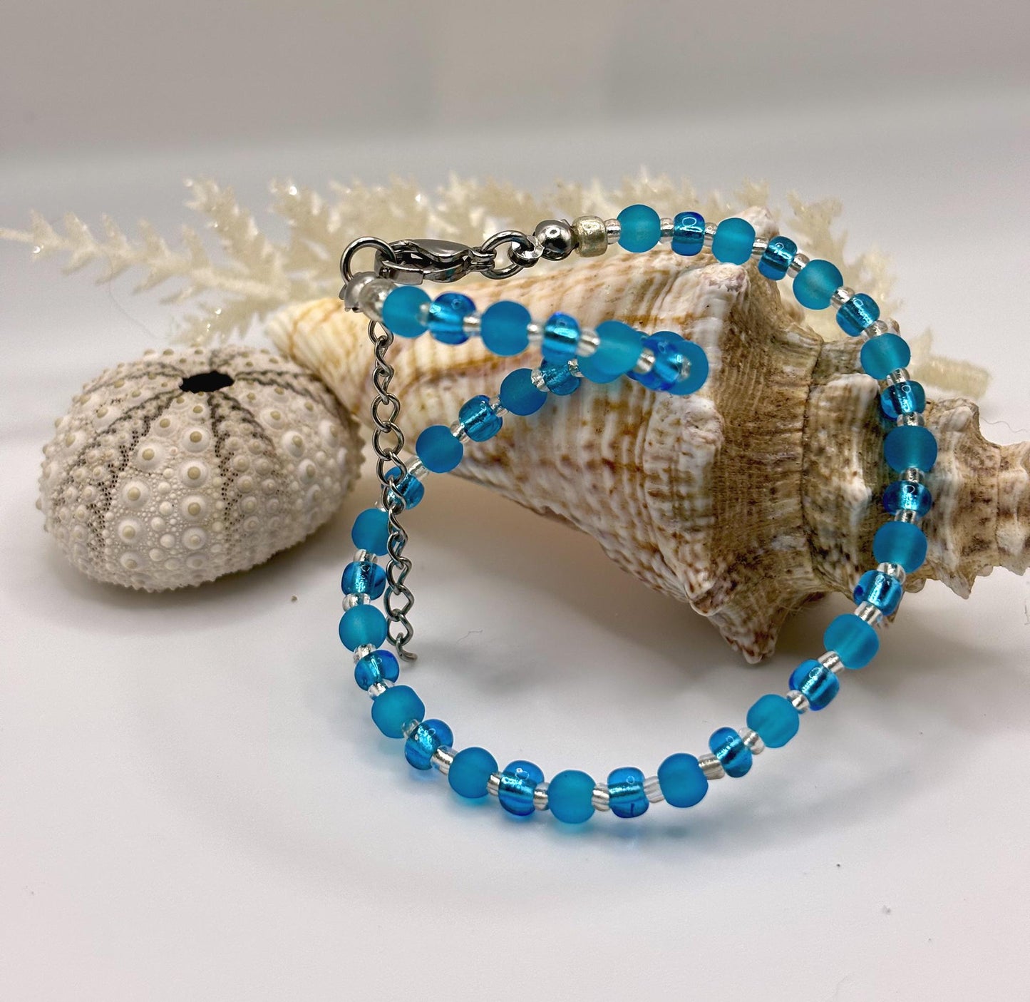 Blue beaded beach anklet