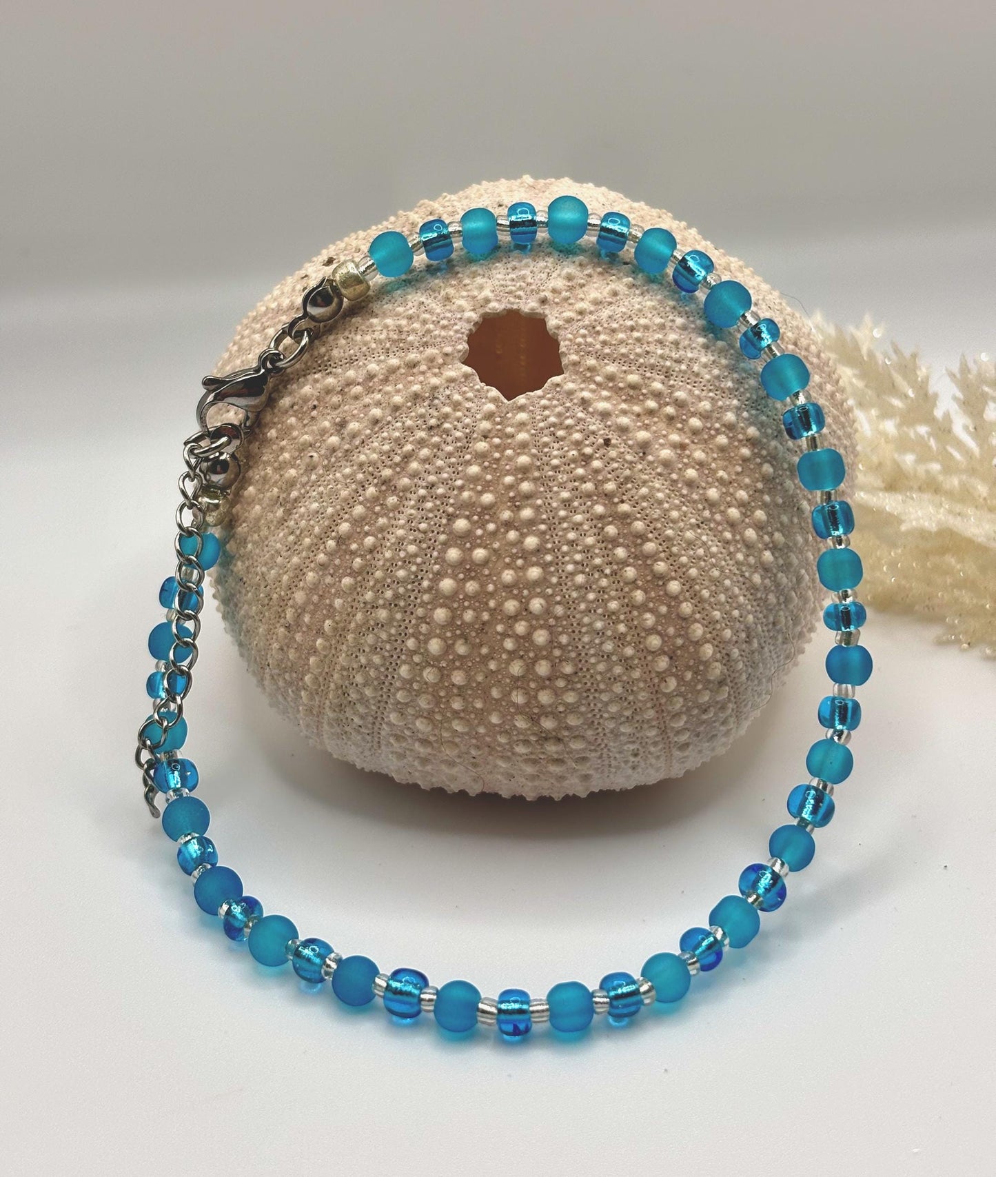 Blue beaded beach anklet