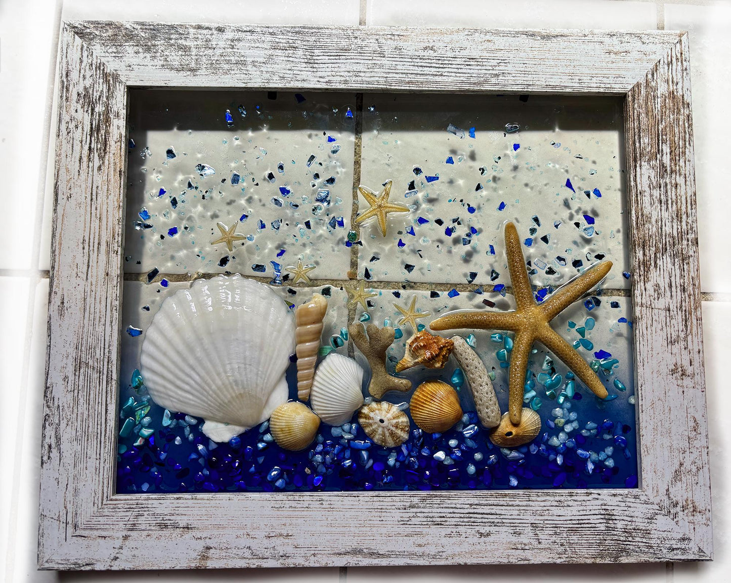 Sea Shell Glass Art, Shell Wall Art for Nautical Decor, beach house, beach glass, coastal decor, beach gift