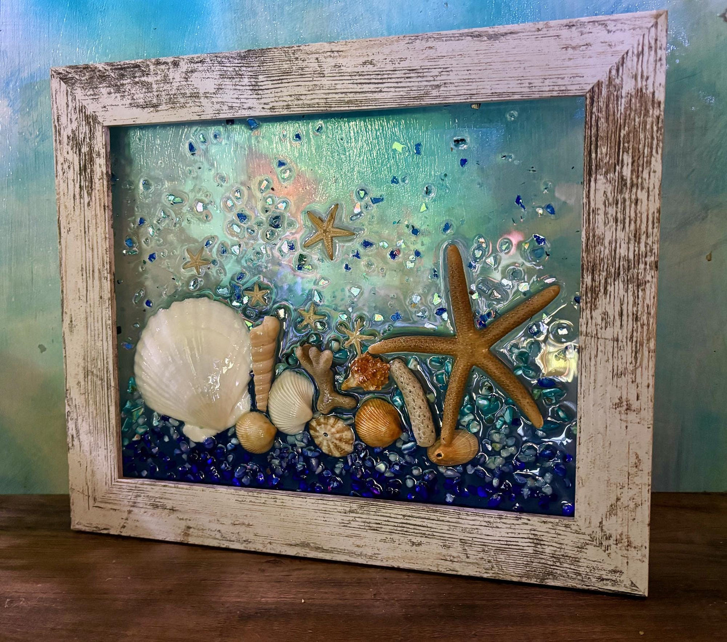 Sea Shell Glass Art, Shell Wall Art for Nautical Decor, beach house, beach glass, coastal decor, beach gift